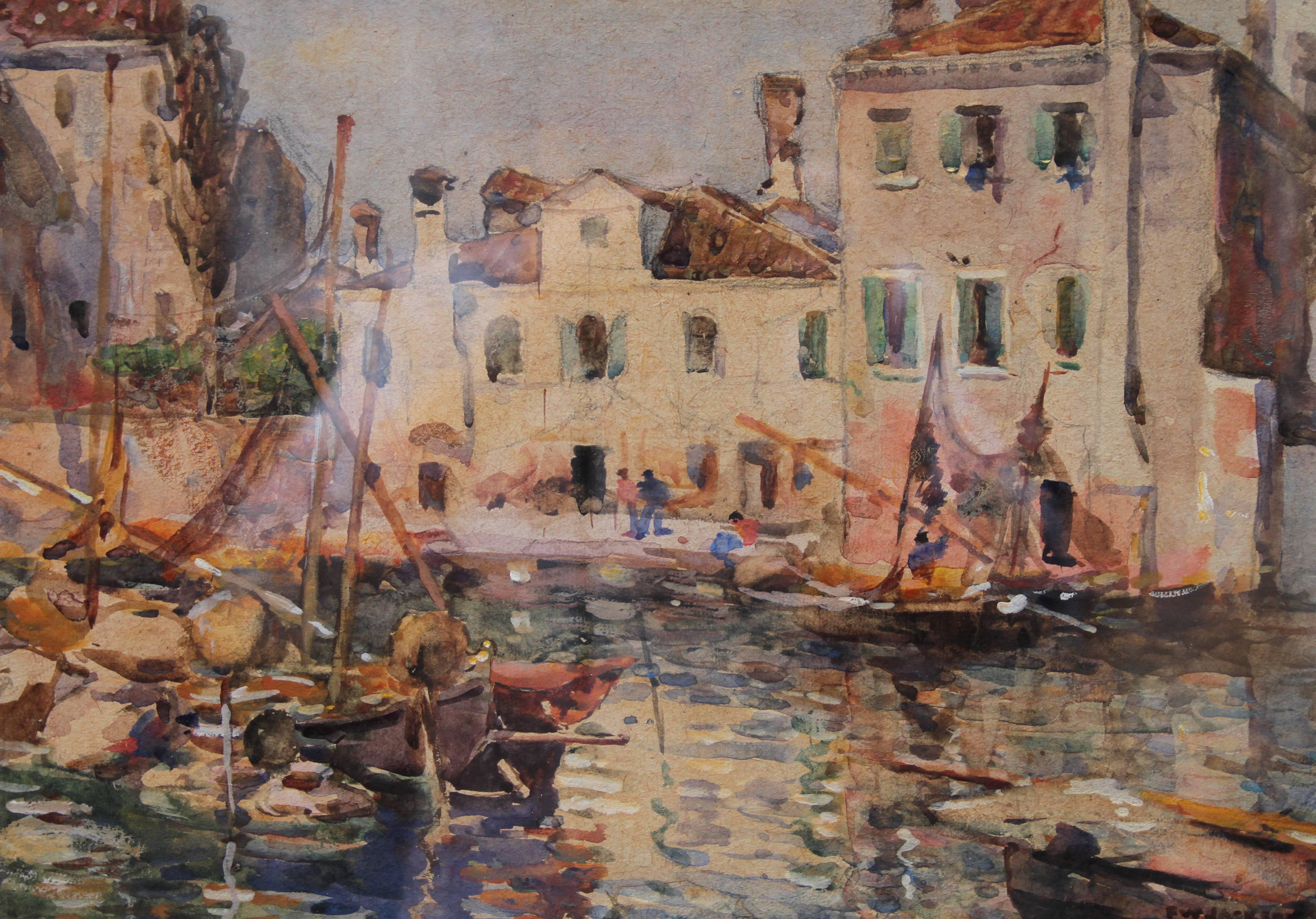 A fresh and vibrant watercolour which is signed and dated to circa 1890 by Frederick William Jackson - the Yorkshire Staithes Impressionist who travelled in Europe in the 19th century. It depicts fishing boats in Venice and is in excellent