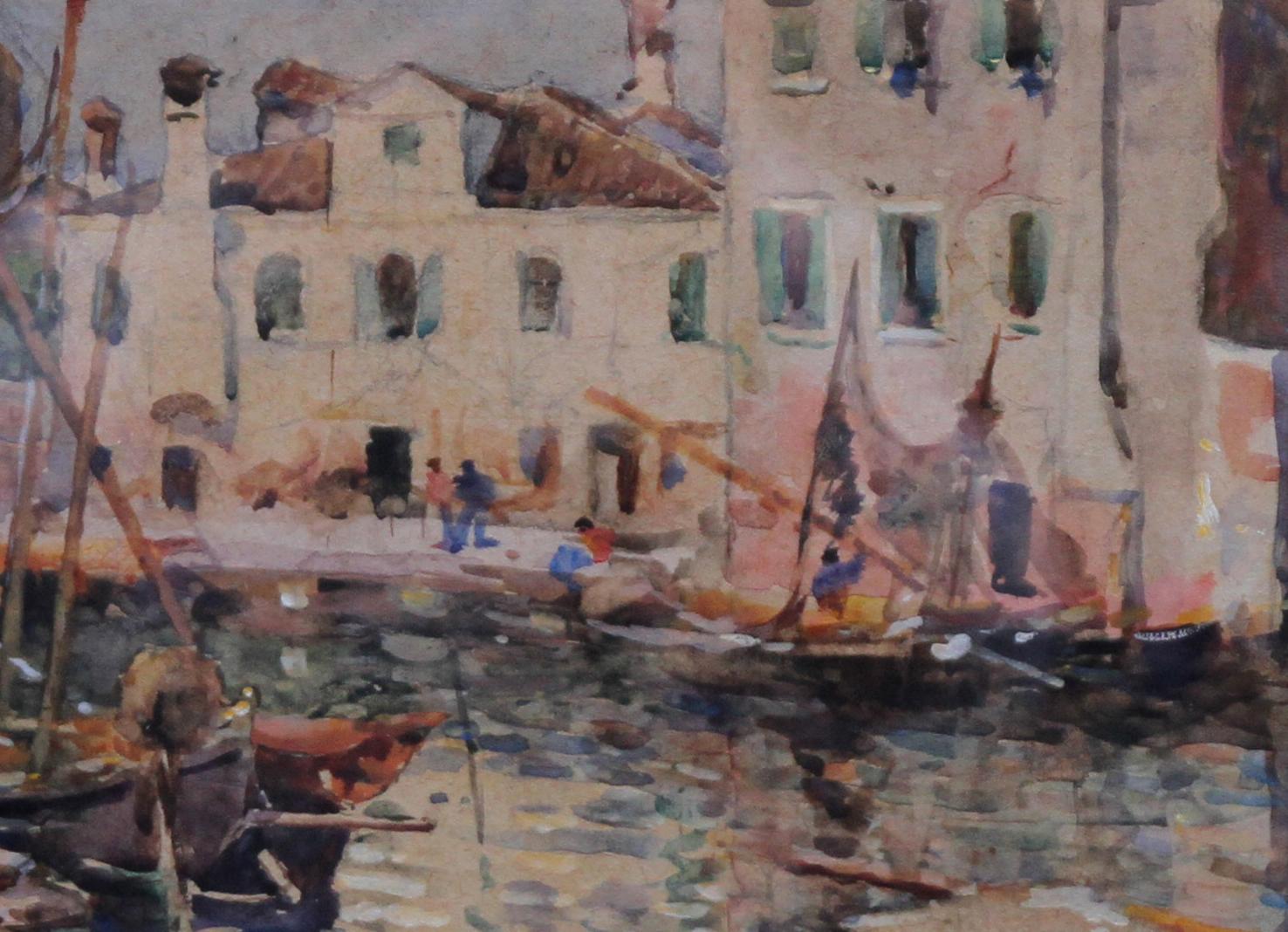 Fishing Boats Venice - British 19thC Impressionist painting Staithes School Art For Sale 1