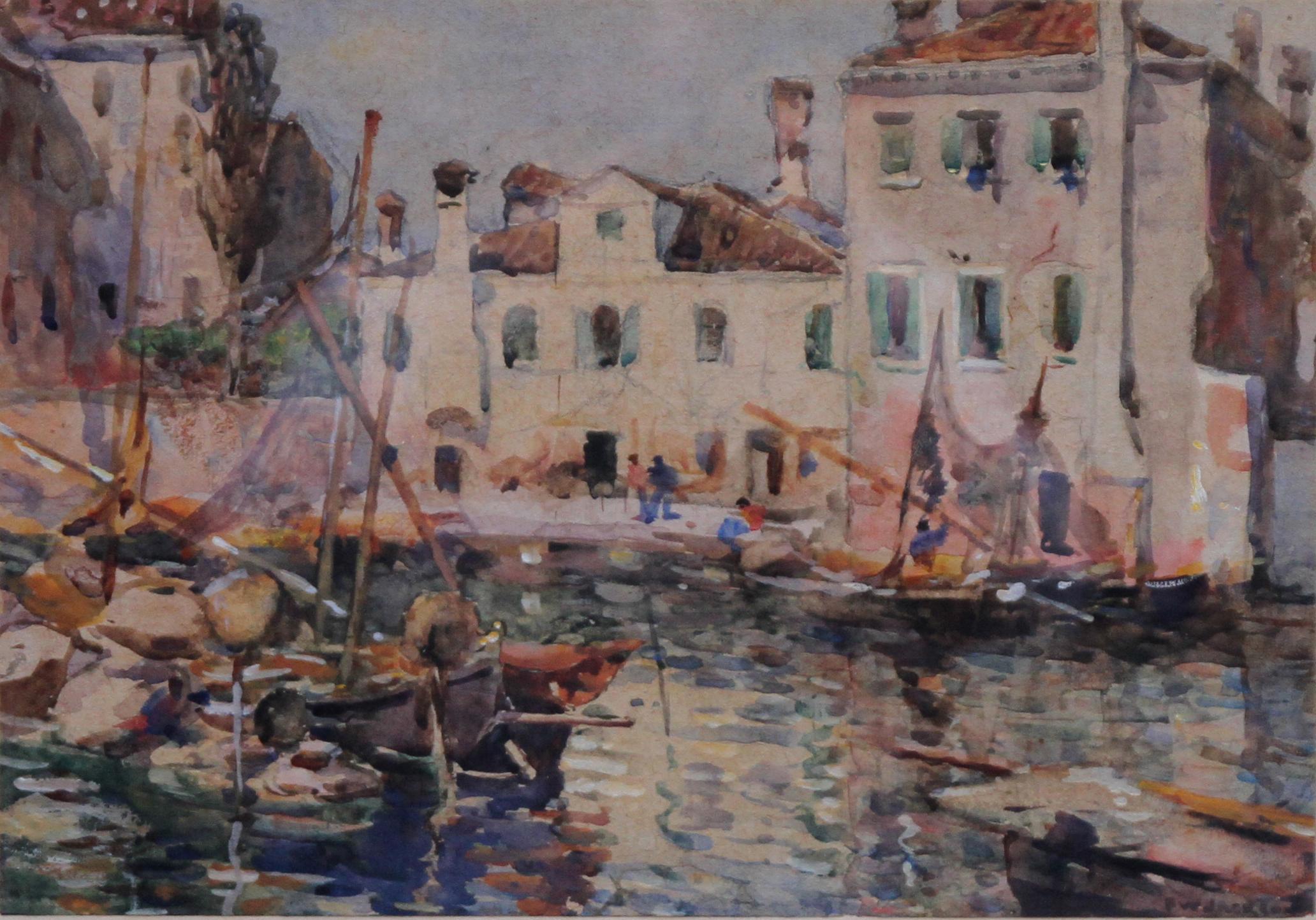Fishing Boats Venice - British 19thC Impressionist painting Staithes School Art For Sale 5