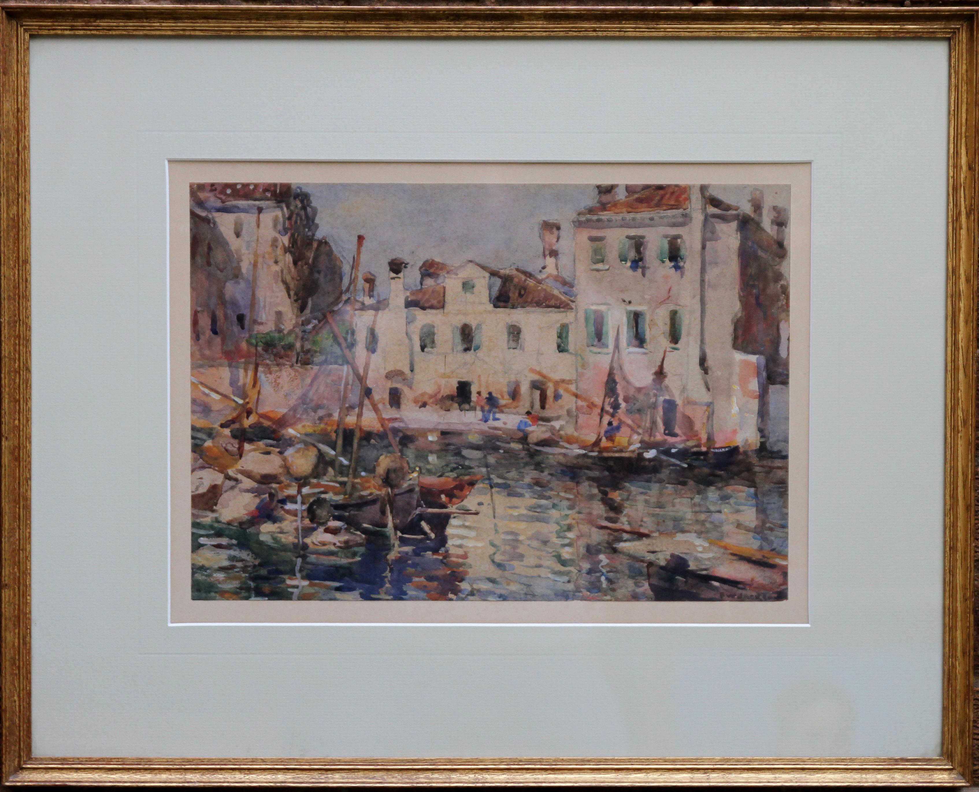 Fishing Boats Venice - British 19thC Impressionist painting Staithes School Art For Sale 6