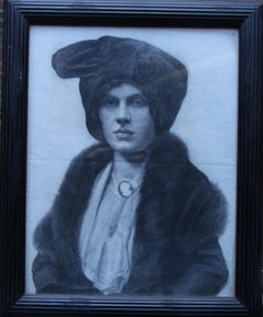 Retrato de una dama -  Arte escocés principios del siglo XX dibujo sociedad mujer sombrero camafeo