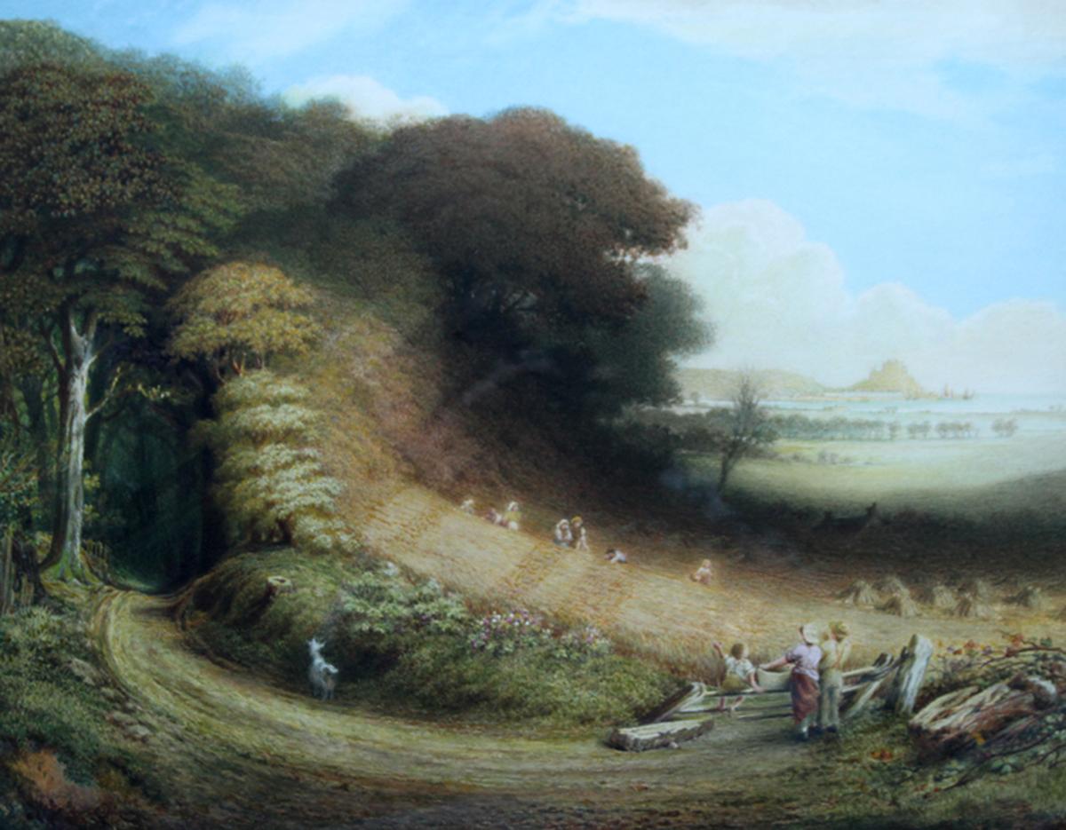 St. Michael’s Mount - British 19th century art landscape oil painting Cornwall - Realist Art by John Linnell (circle)