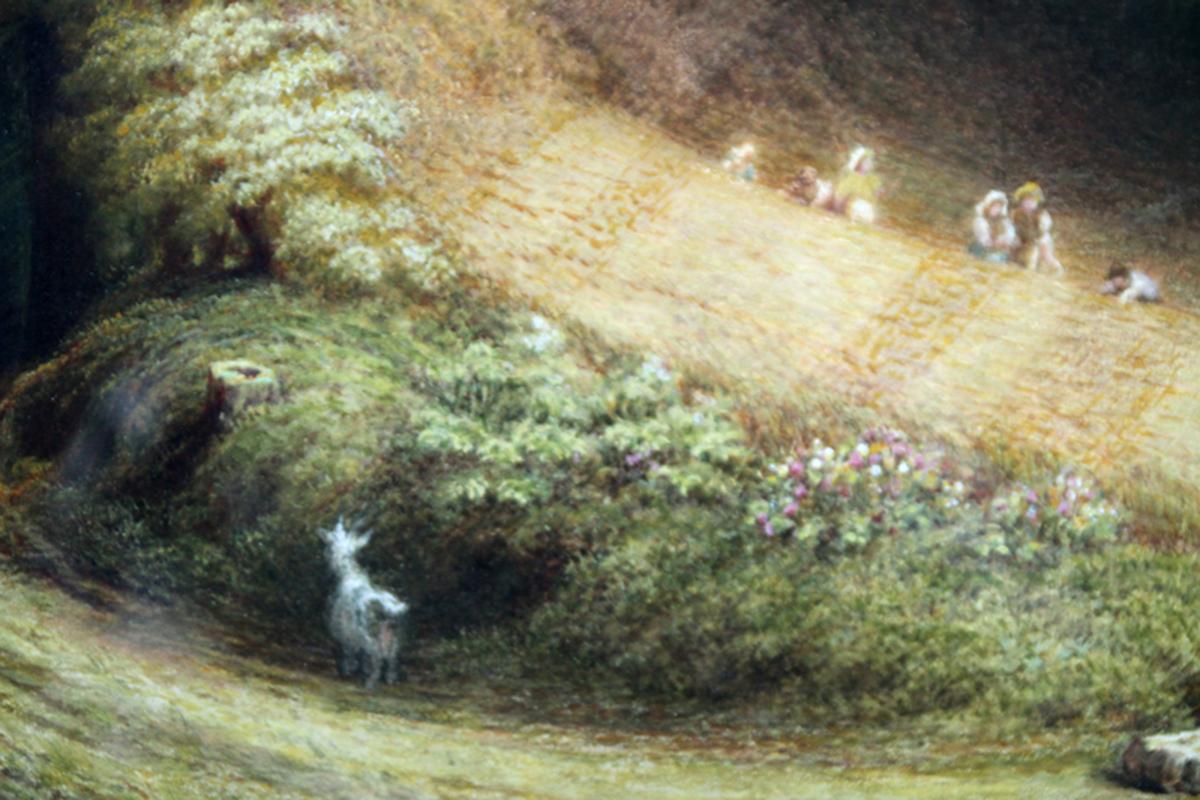A fine, large period watercolour which is attributed to John Linnell or one of his circle. It certainly is a stunning painting. The dappled light glowing through the trees and the fine blue wispy sky are skilfully portrayed. The sheep on the path