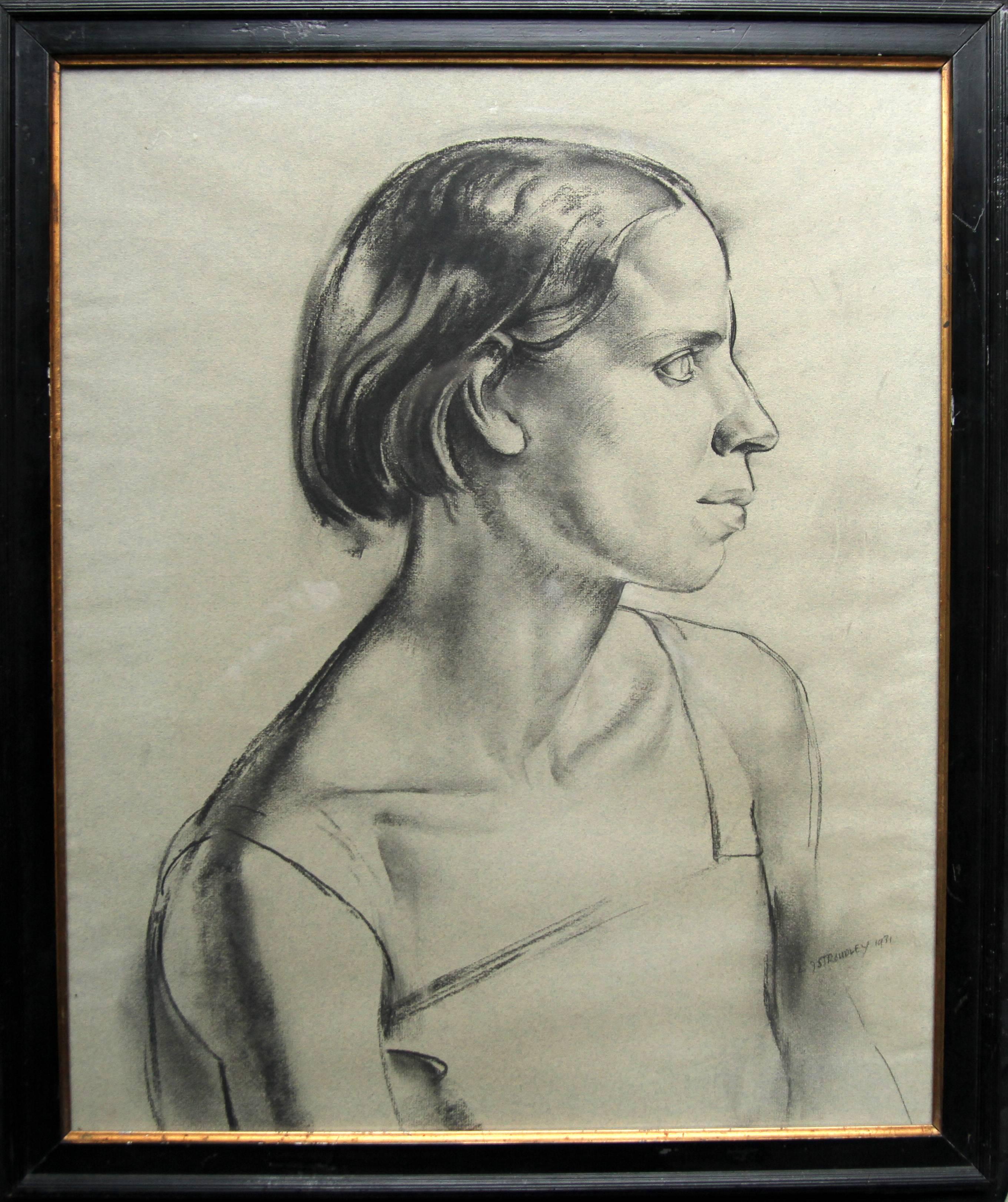 A fine large charcoal and pencil drawing by British listed artist James Stroudley. Executed in 1931, it is a stunning example of a 1930s Art Deco portrait. Very strong and bold, it depicts a portrait of a young woman. It is very evocative and in