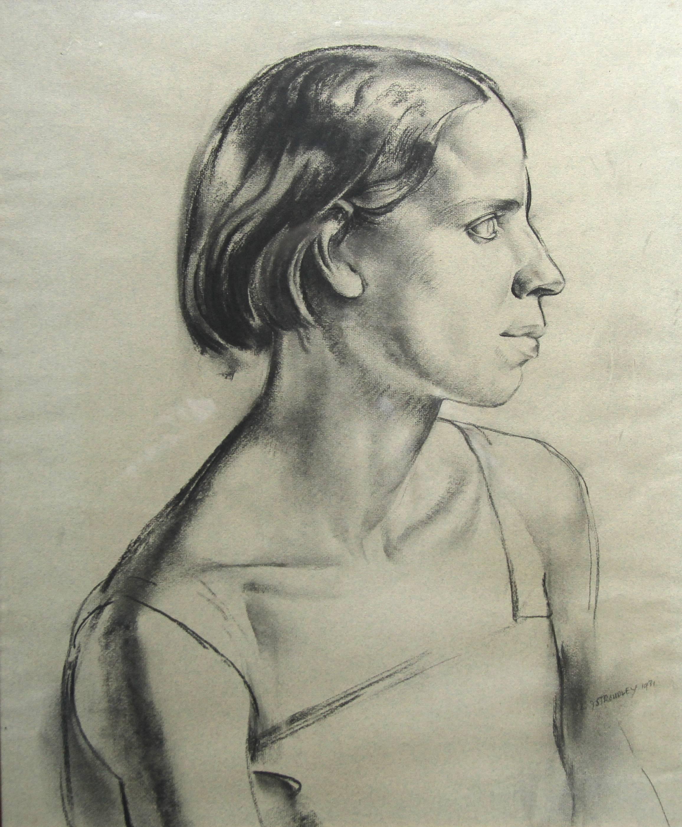 A fine large charcoal and pencil drawing by British listed artist James Stroudley. Executed in 1931, it is a stunning example of a 1930s Art Deco portrait. Very strong and bold, it depicts a portrait of a young woman. It is very evocative and in