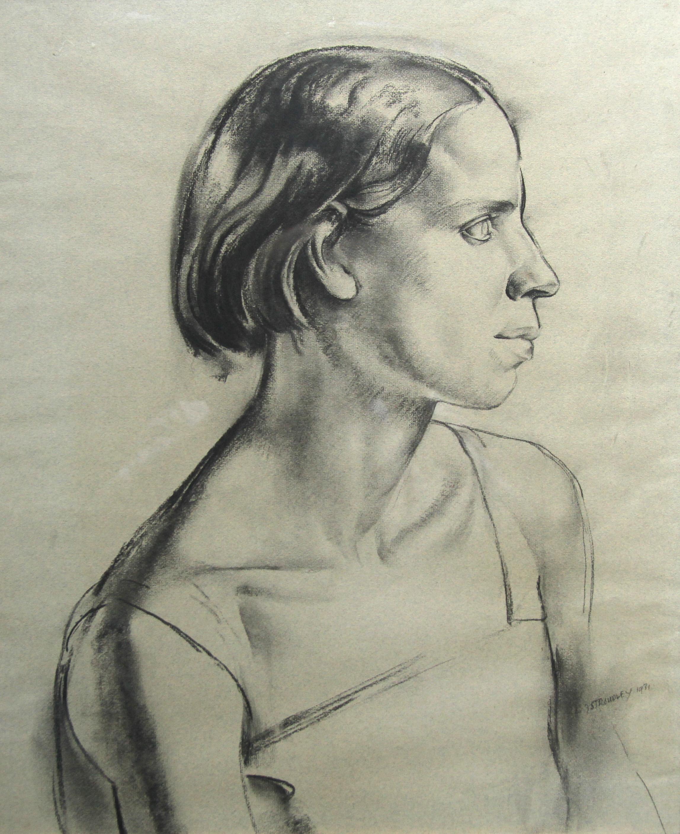 Portrait of a Young Woman - Art Deco charcoal pencil drawing For Sale 4