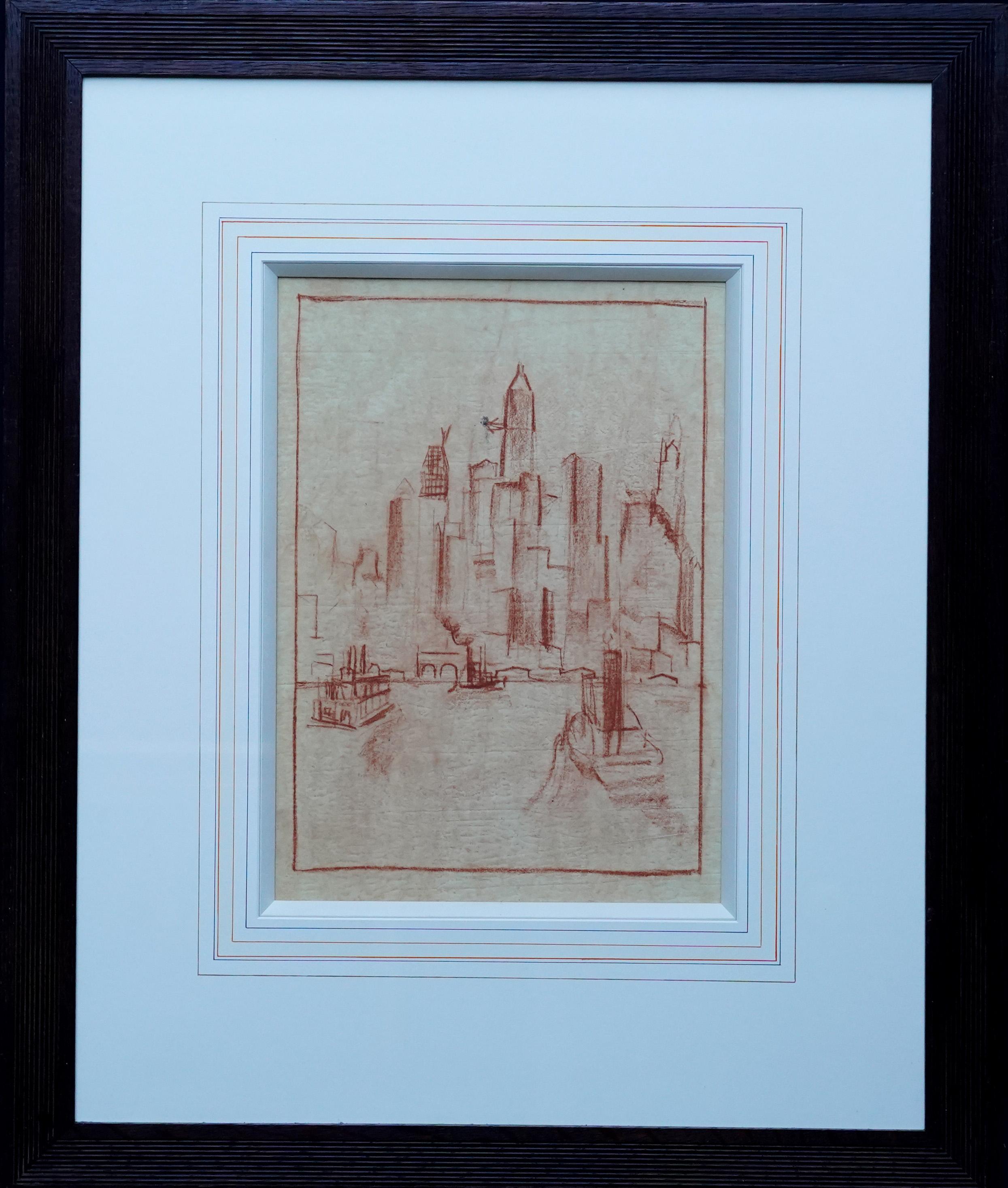 Manhattan from the River - Dutch 1920's art oil crayon drawing New York city