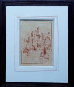 Antique Manhattan from the River - Dutch 1920's art oil crayon drawing New York city
