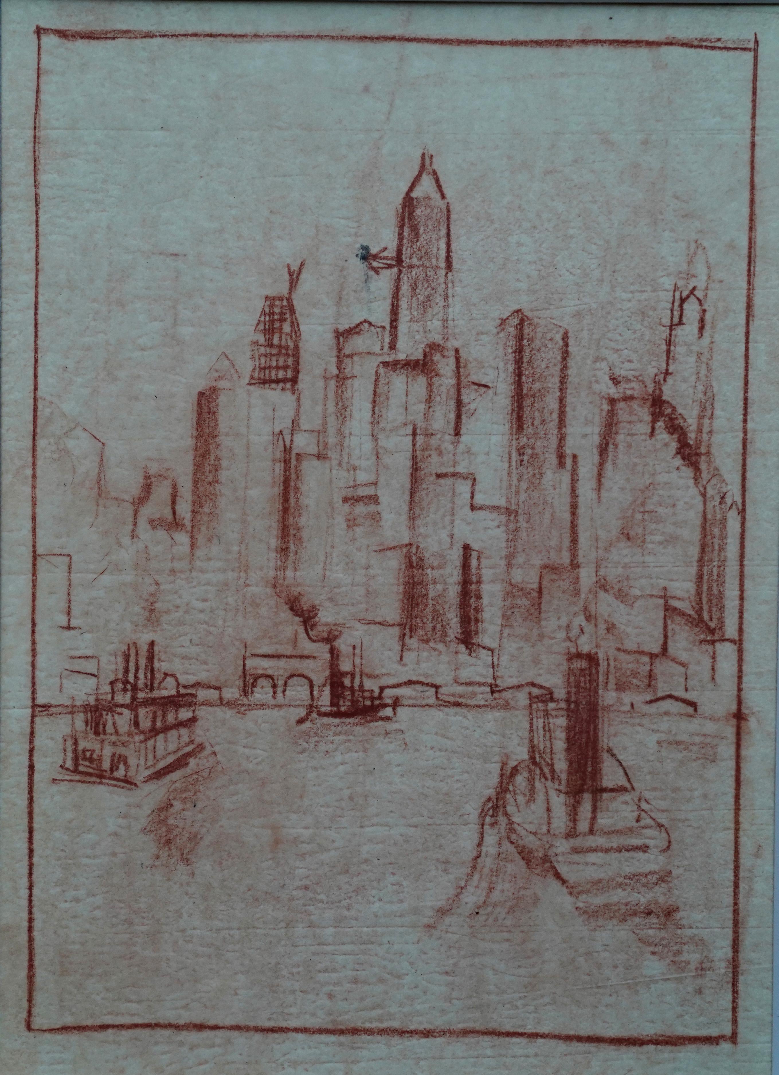 Manhattan from the River – niederländische Ölkreidezeichnung der New Yorker Stadt aus den 1920er Jahren – Art von Adriaan Lubbers