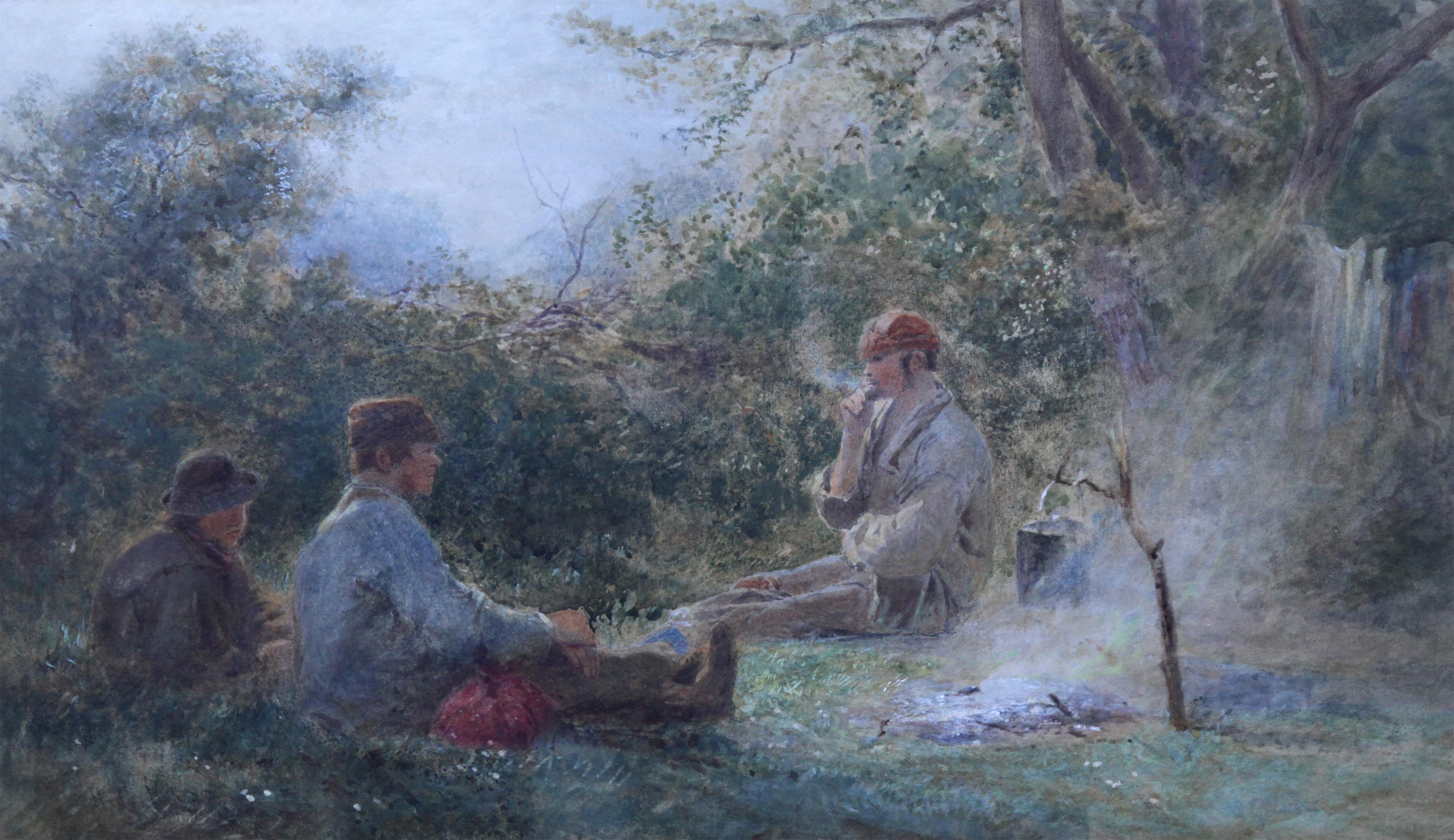 Gypsies Around a Camp Fire - British art Victorian painting pastoral landscape - Art by Henry George Hine