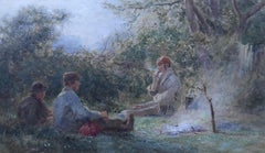 Gypsies Around a Camp Fire - British art Victorian painting pastoral landscape