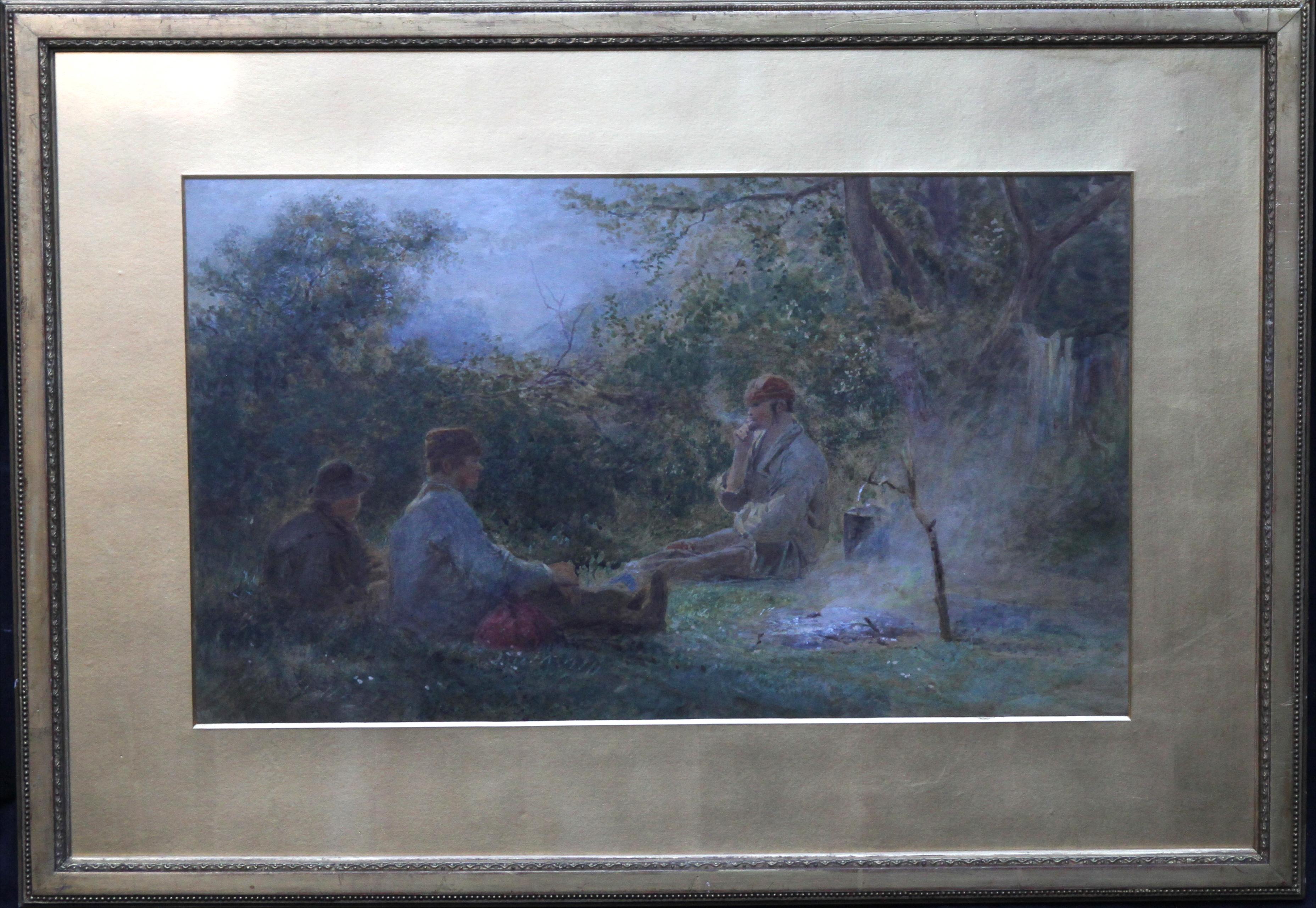 Gypsies Around a Camp Fire - British art Victorian painting pastoral landscape For Sale 5