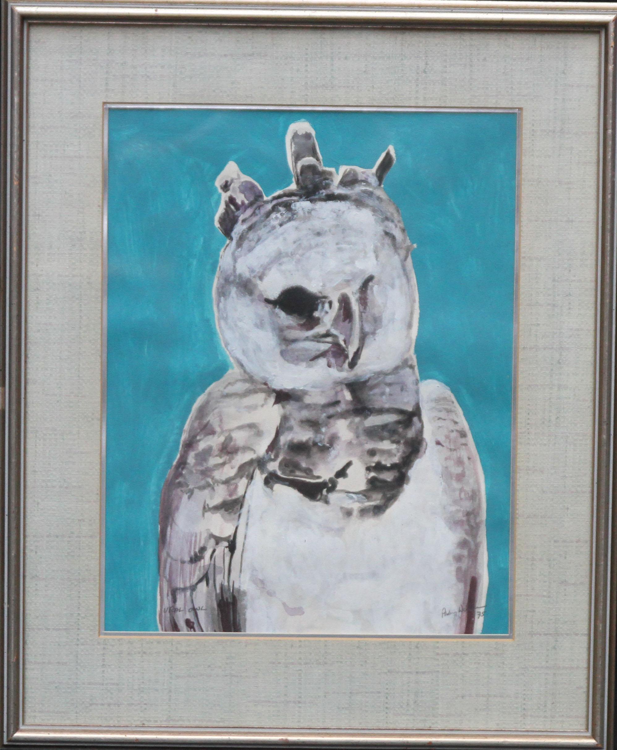 Eule 1975 - Expressionistisches Tier-Aquarell-Gemälde in Gouache mit Vogelmotiv im Angebot 4