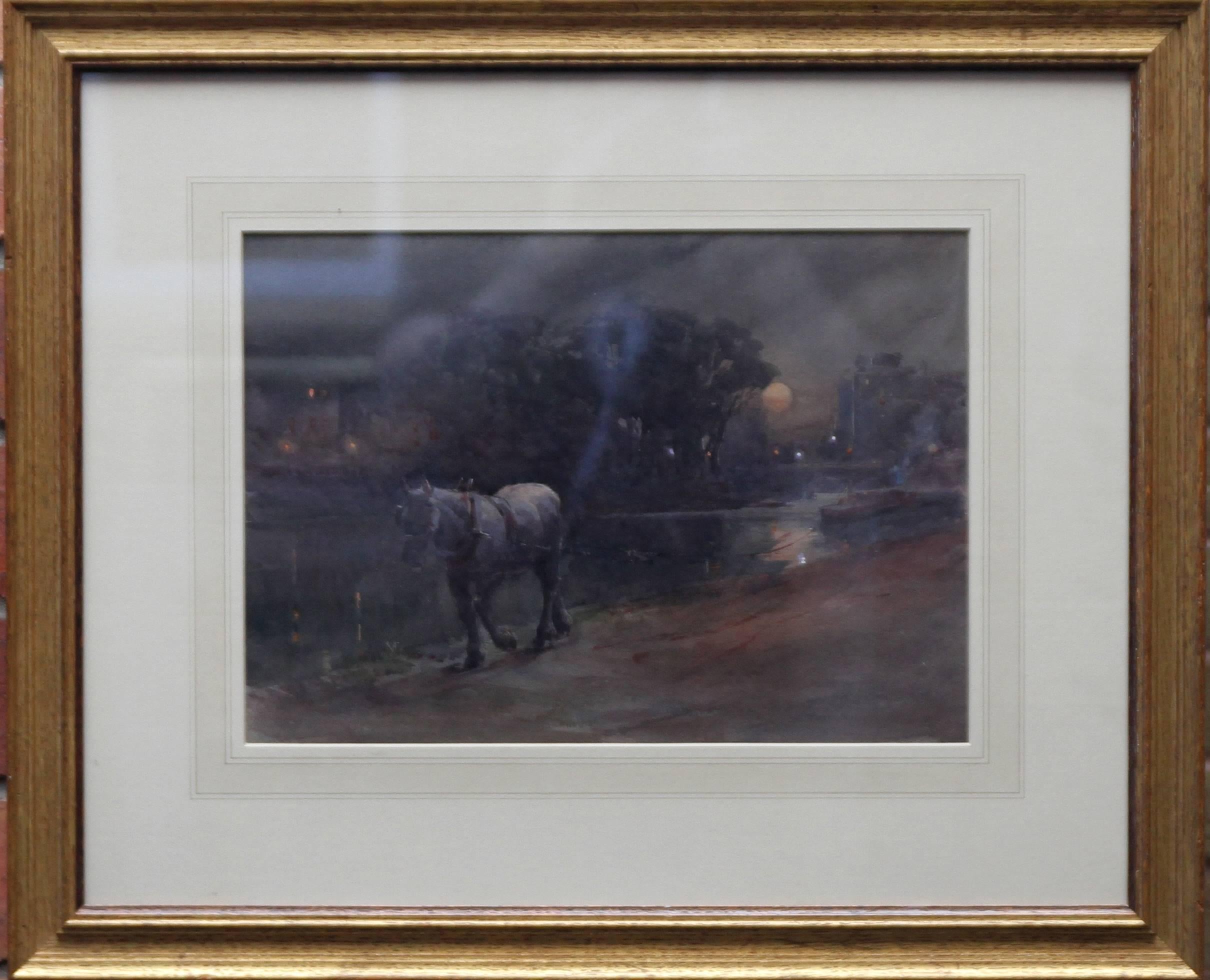 Animal Art Arthur Hopkins - Canal Nocturne - Art victorien britannique - Aquarelle d'un cheval bargeant au clair de lune