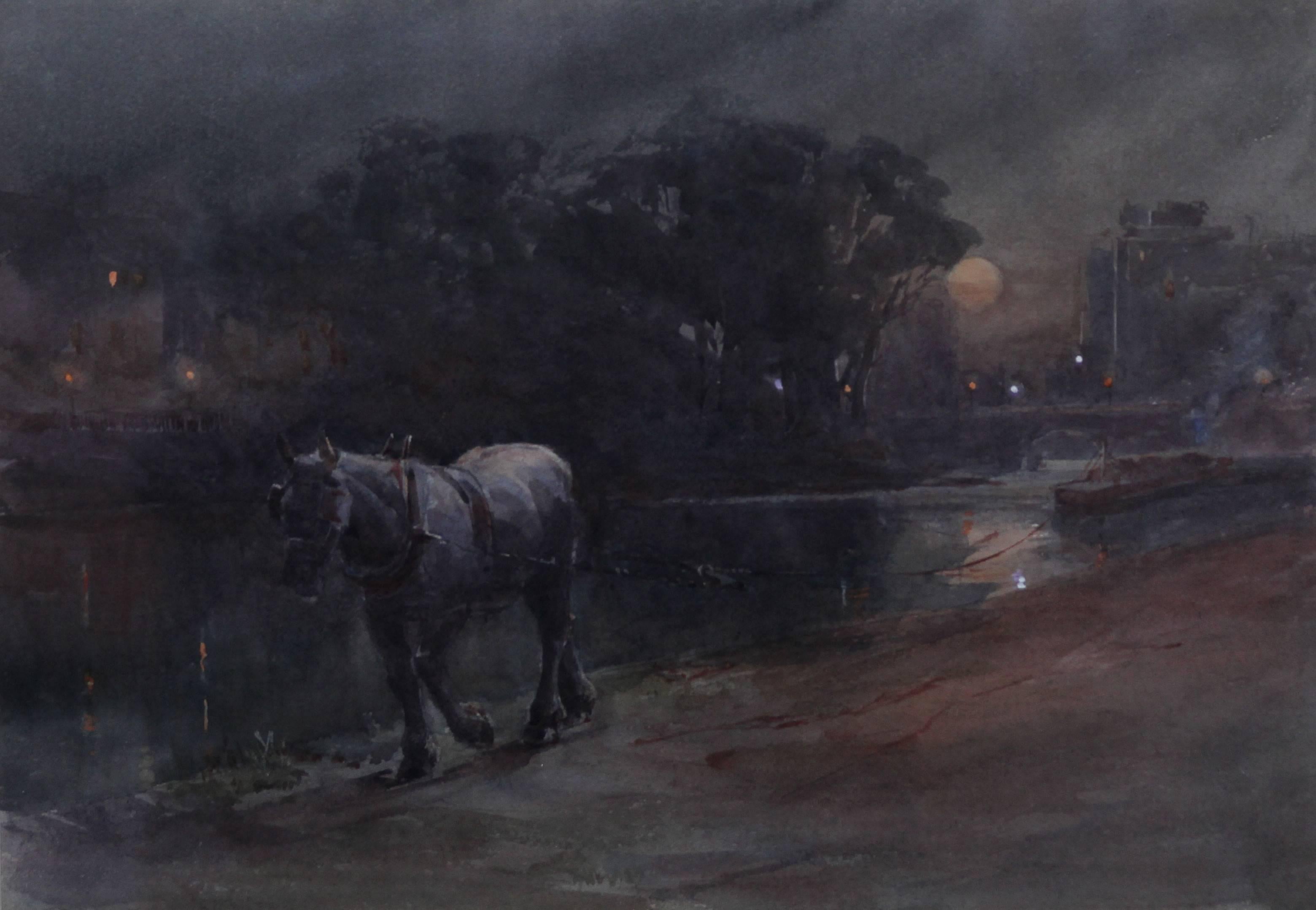 Une belle aquarelle nocturne victorienne d'Arthur Hopkins datant d'environ 1890.  En très bon état, la couleur est excellente.  Une superbe peinture représentant un canal de ville la nuit avec un cheval traînant la péniche éclairée par la lumière du