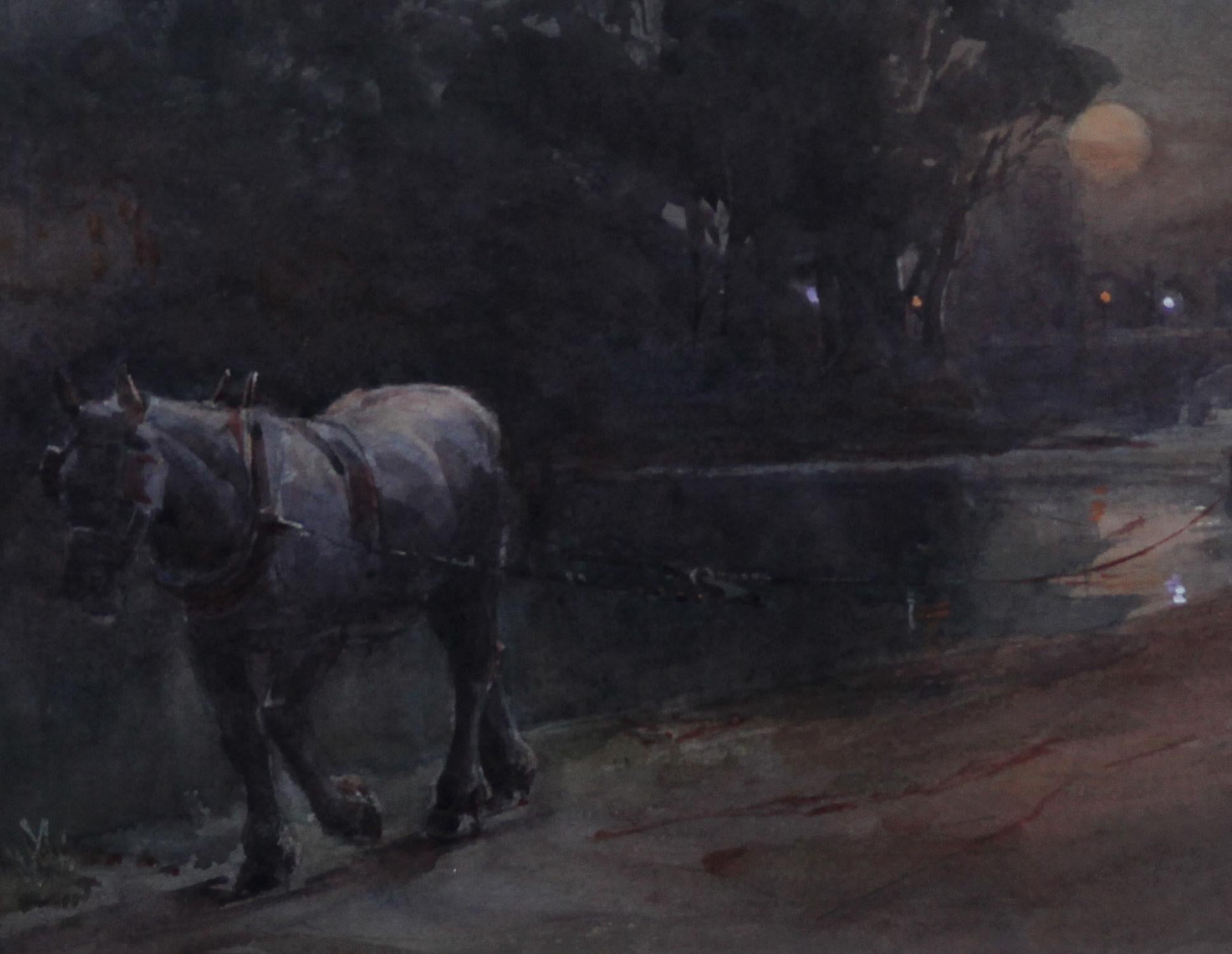 Canal Nocturne - Art victorien britannique - Aquarelle d'un cheval bargeant au clair de lune en vente 1