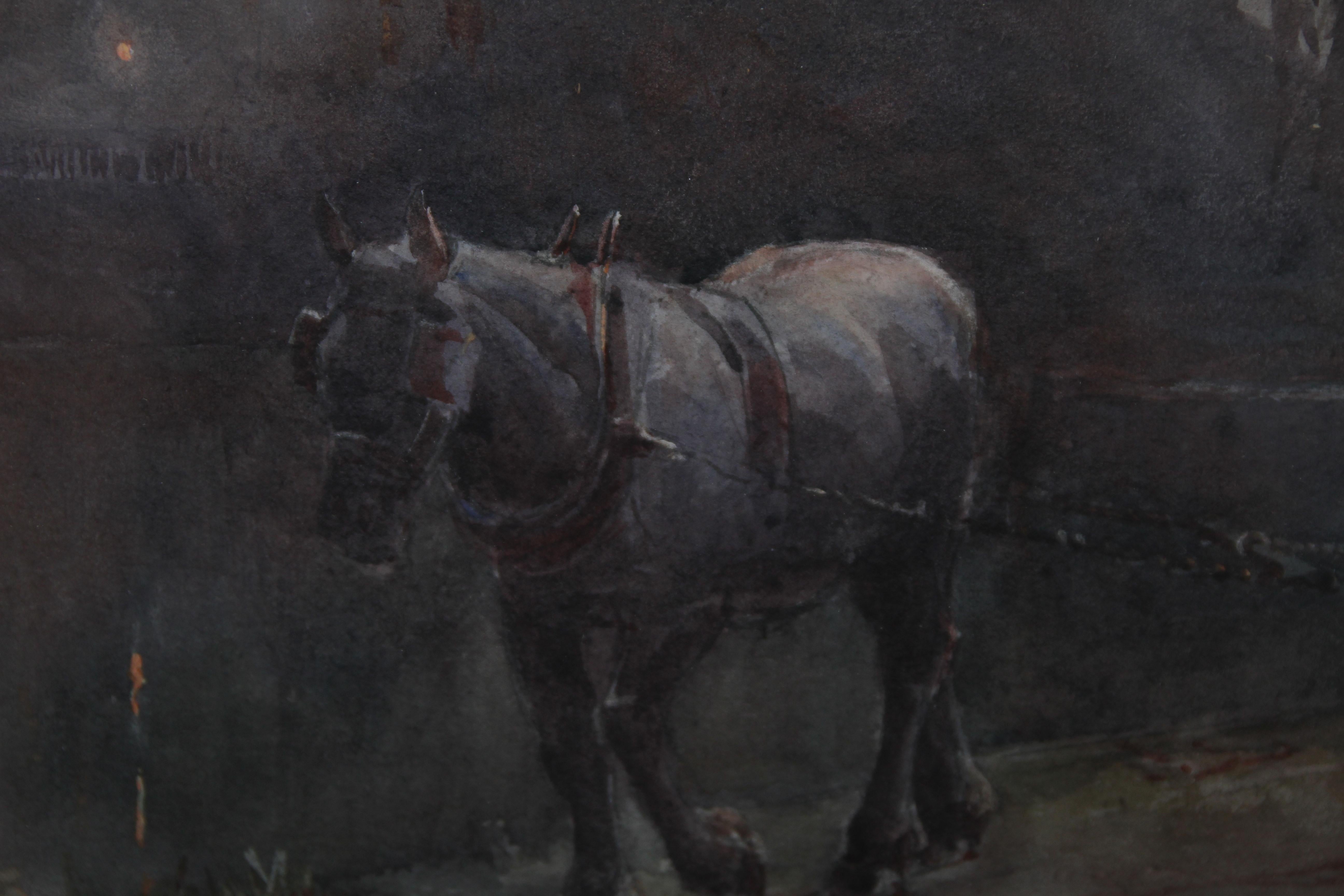 Canal Nocturne - Art victorien britannique - Aquarelle d'un cheval bargeant au clair de lune en vente 2