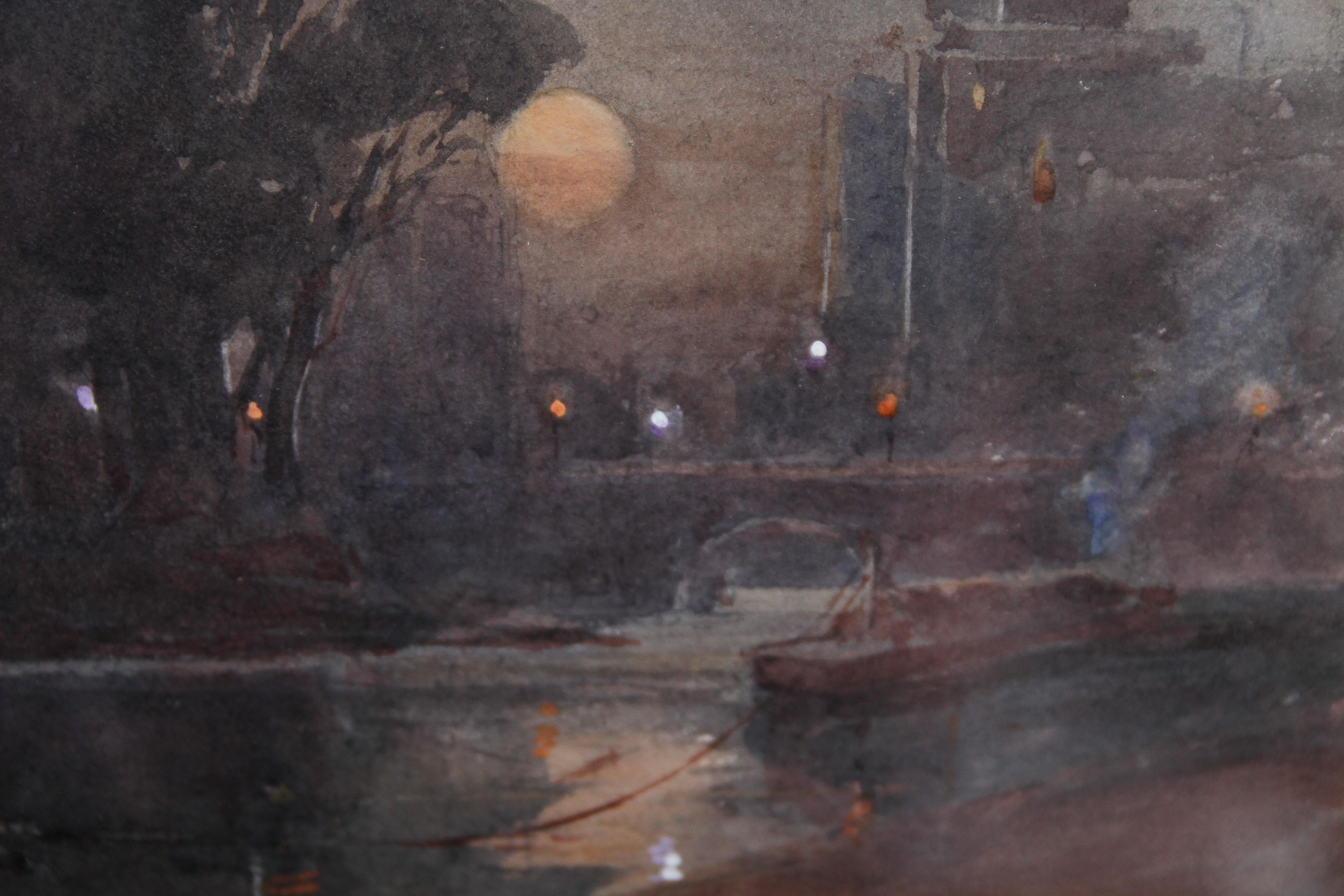 A beautiful Victorian nocturne watercolour by Arthur Hopkins which dates to circa 1890.  In outstanding condition, the colour is excellent.  A super painting depicting a city canal at night with a horse dragging the barge lit by gaslight and the