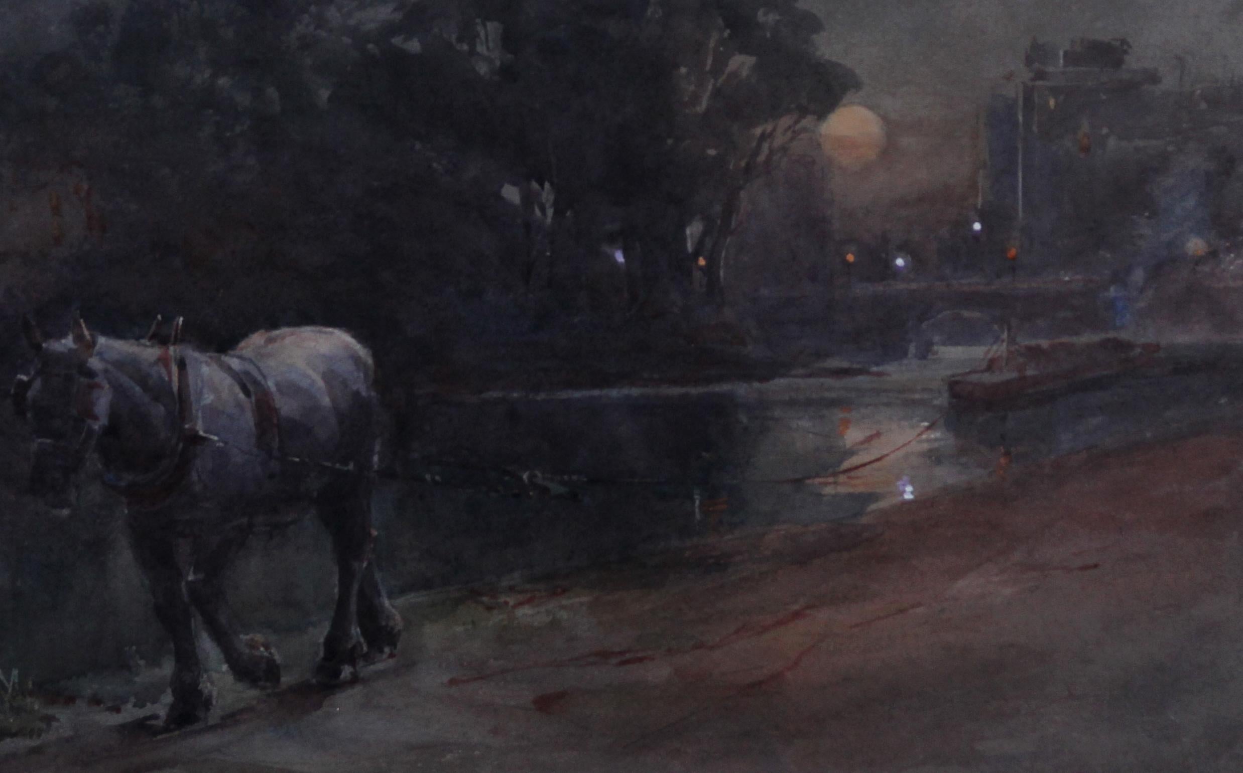 Canal Nocturne - British art Victorian watercolour horse barges moonlight For Sale 1