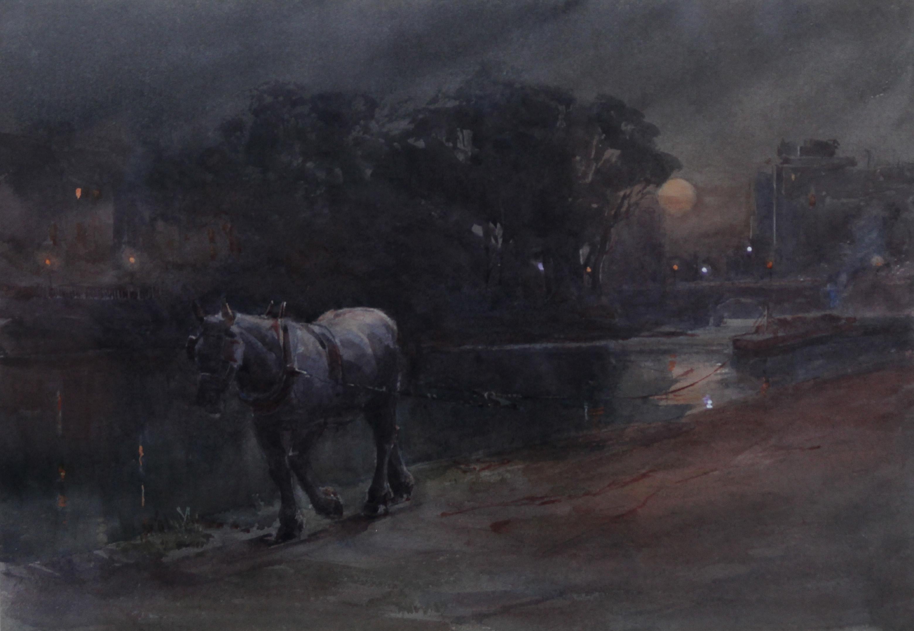 Canal Nocturne - British art Victorian watercolour horse barges moonlight For Sale 3