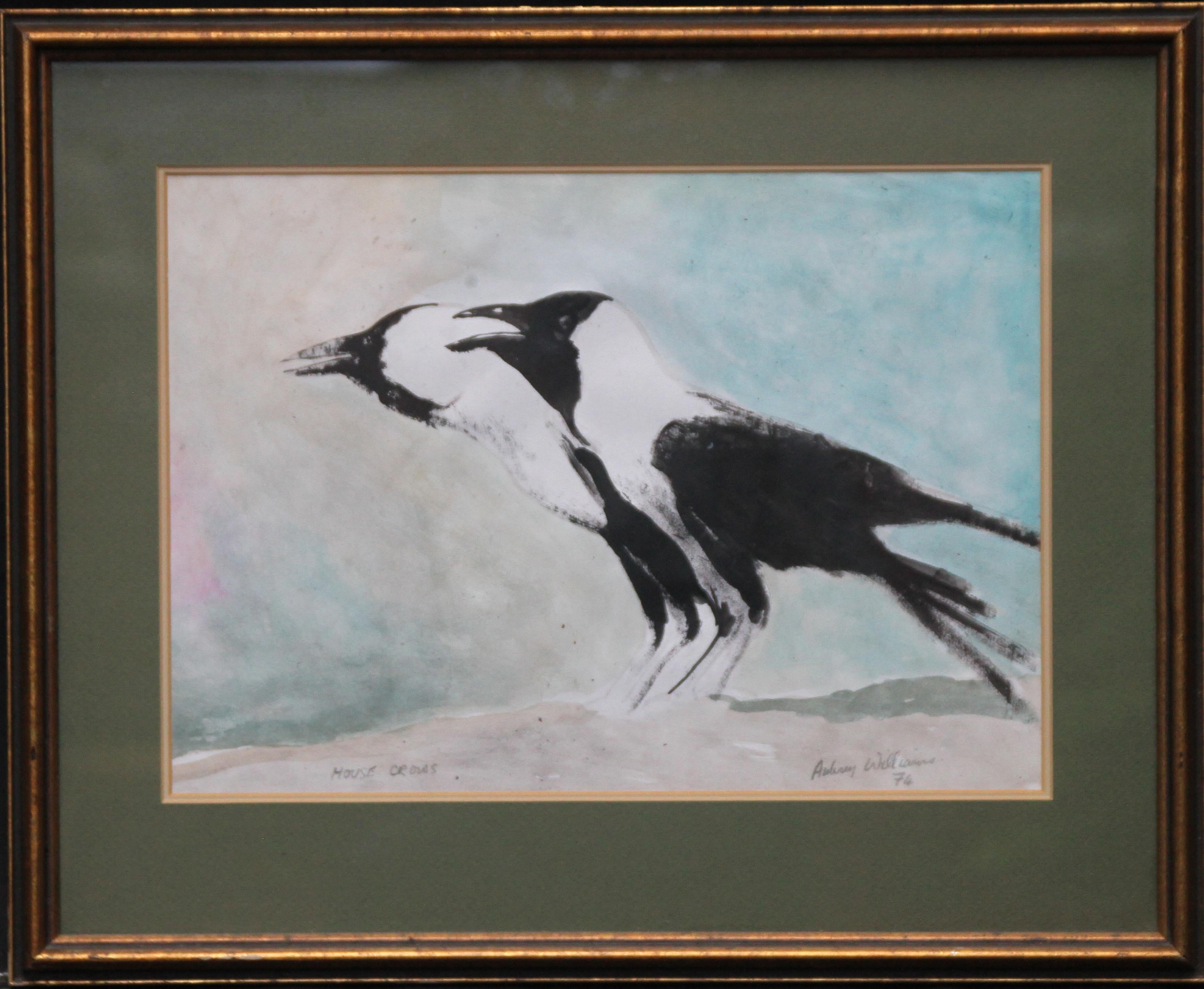 House Crows 1976 - Expressionistische Tierkunst-Aquarell- Vogelgemälde