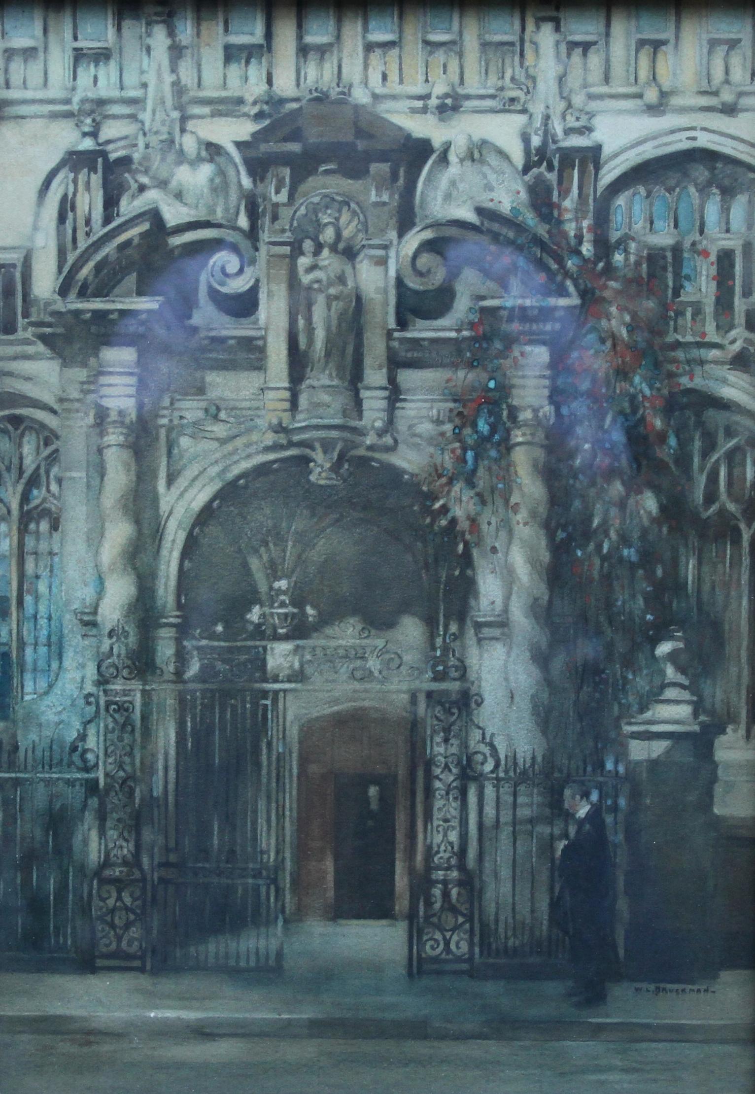 Dieses schöne, ausgestellte Aquarell stammt von dem niederländischen Künstler Willem Leendert Bruckman.  Es zeigt die Universitätskirche St. Mary the Virgin, Oxford, South Porch. Die Universitätskirche St. Mary the Virgin (kurz: St. Mary's oder SMV)