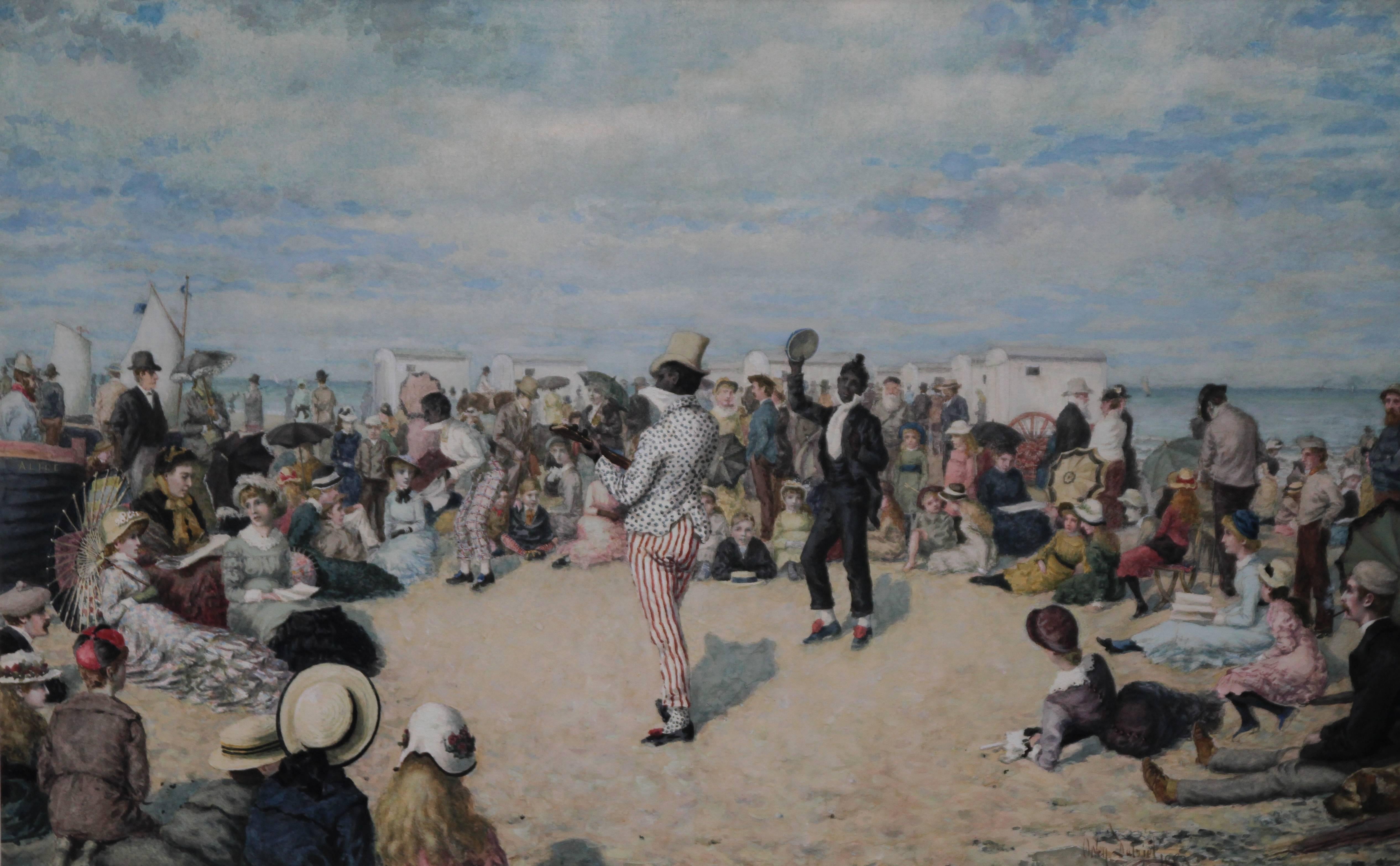 A Morning Concert - Victorian British art w/c painting black entertainers beach  - Art by Owen Dalziel