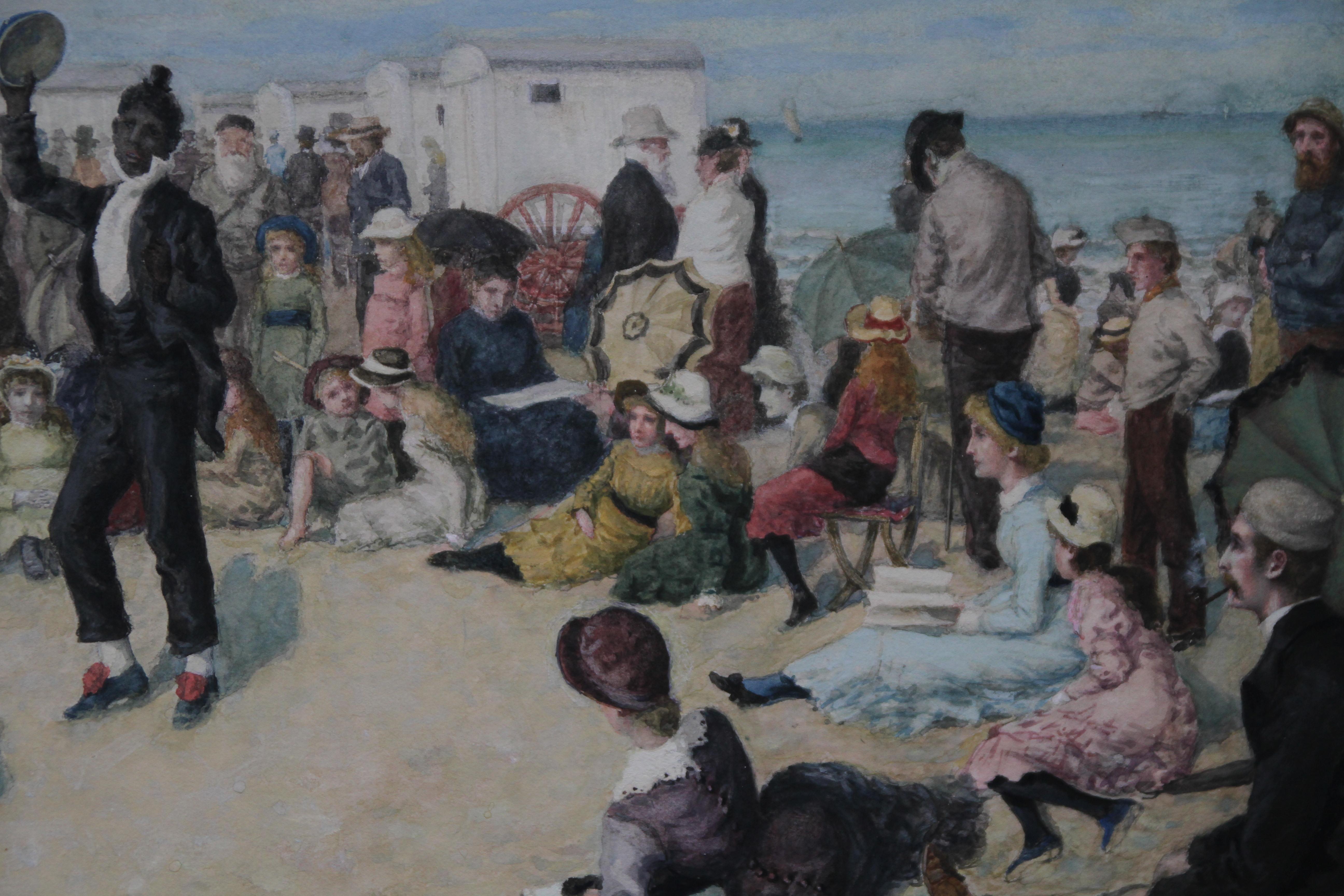 A superb British Victorian watercolour by Owen Dalziel which is titled A Morning Concert and is dated 1883.  A fine large painting, it is a super historical record of a Victorian beach scene with musicians entertaining on a beach. This painting is