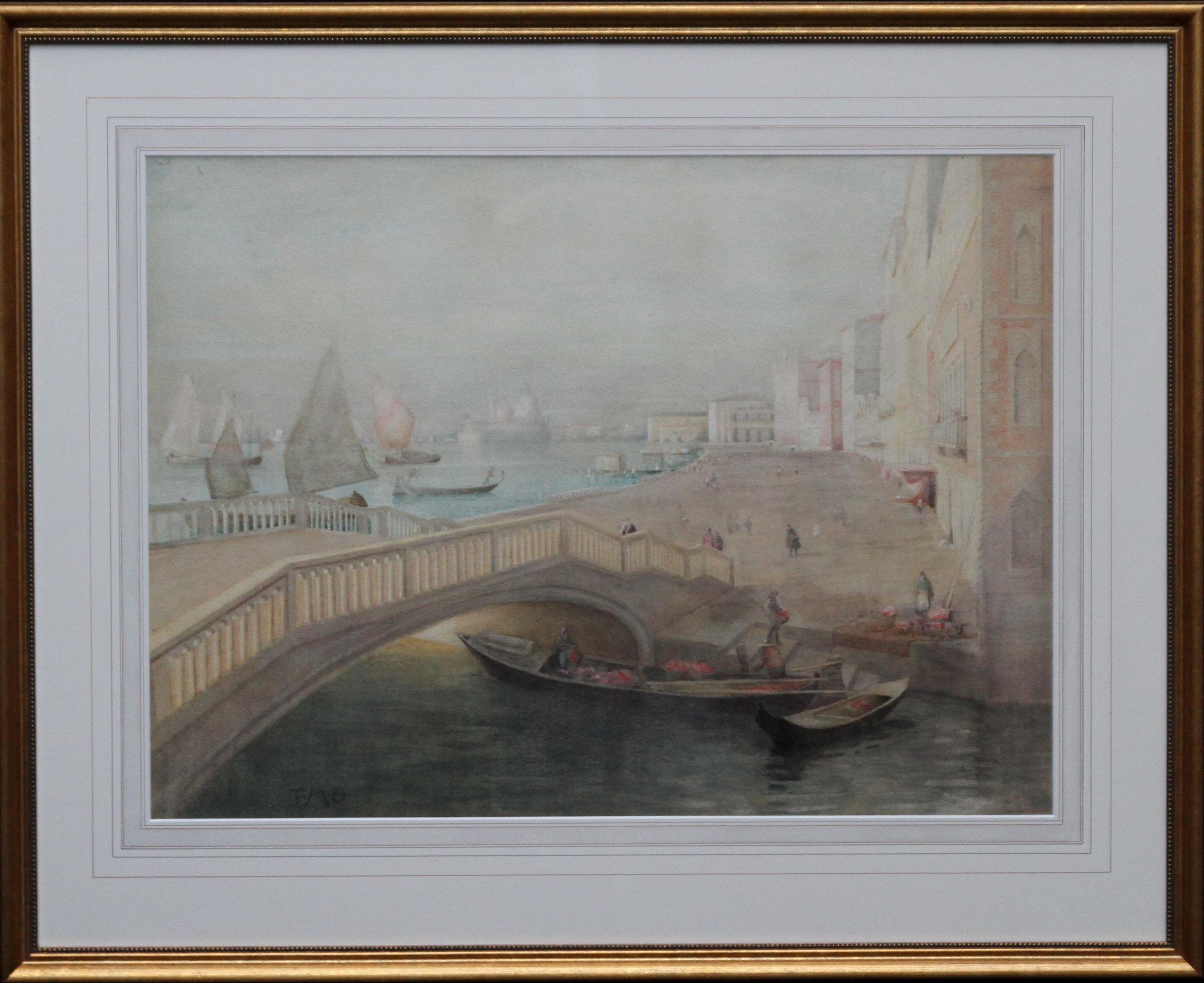 A fine watercolour by Scottish Glasgow Boy artist Thomas Millie Dow RSW NEAC which is signed and dates to circa 1900. It depicts a Venice scene in the muted Scottish tradition of Waterson, Herald and Whistler. A fine painting in a gilt gallery