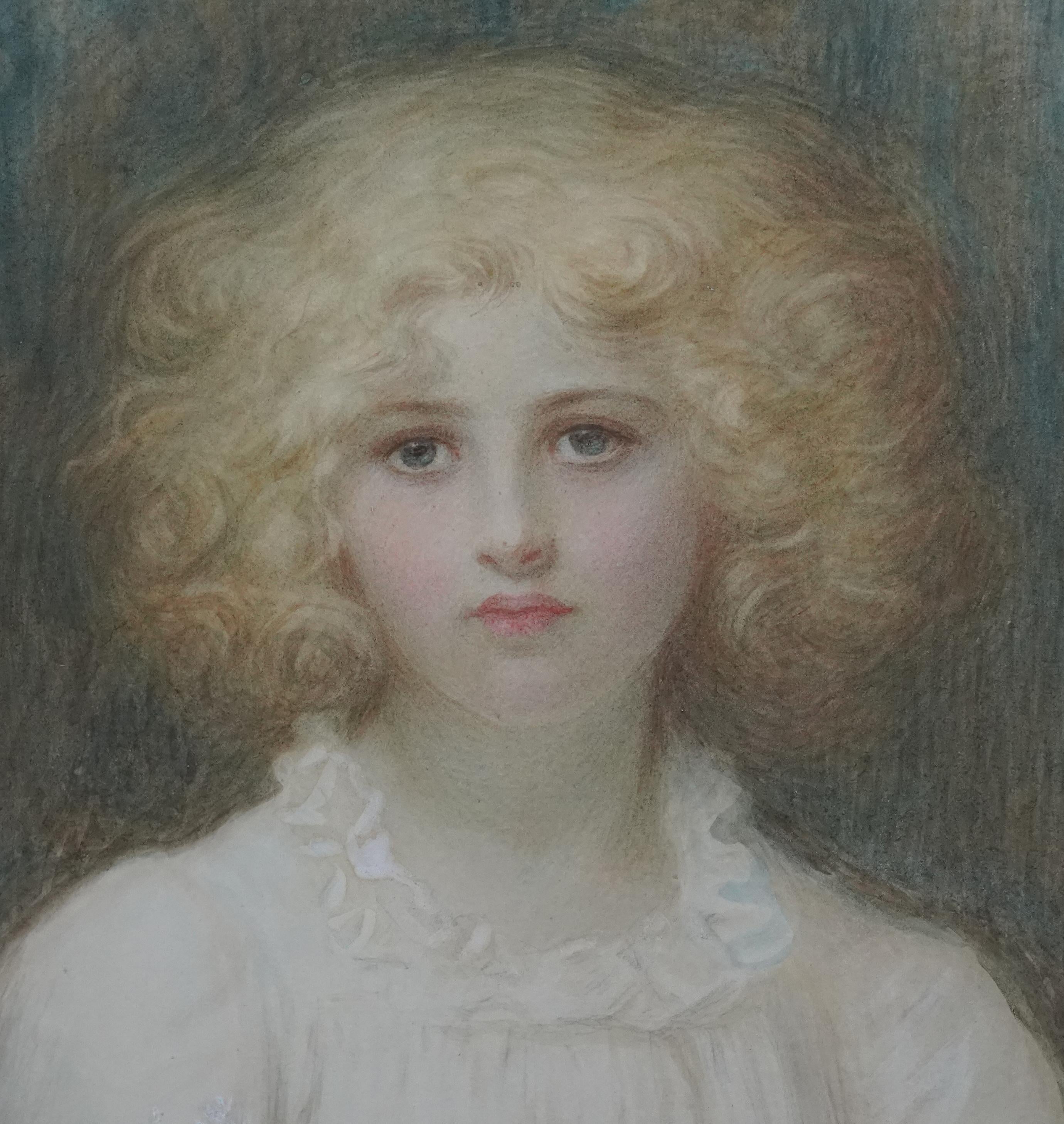 This beautiful exhibited Pre-Raphaelite detailed British Victorian watercolour portrait is by noted Birmingham School artist Edward Tayler. Painted circa 1897 it was exhibited that year at the Royal Academy entitled Golden Locks. Her lovely blue