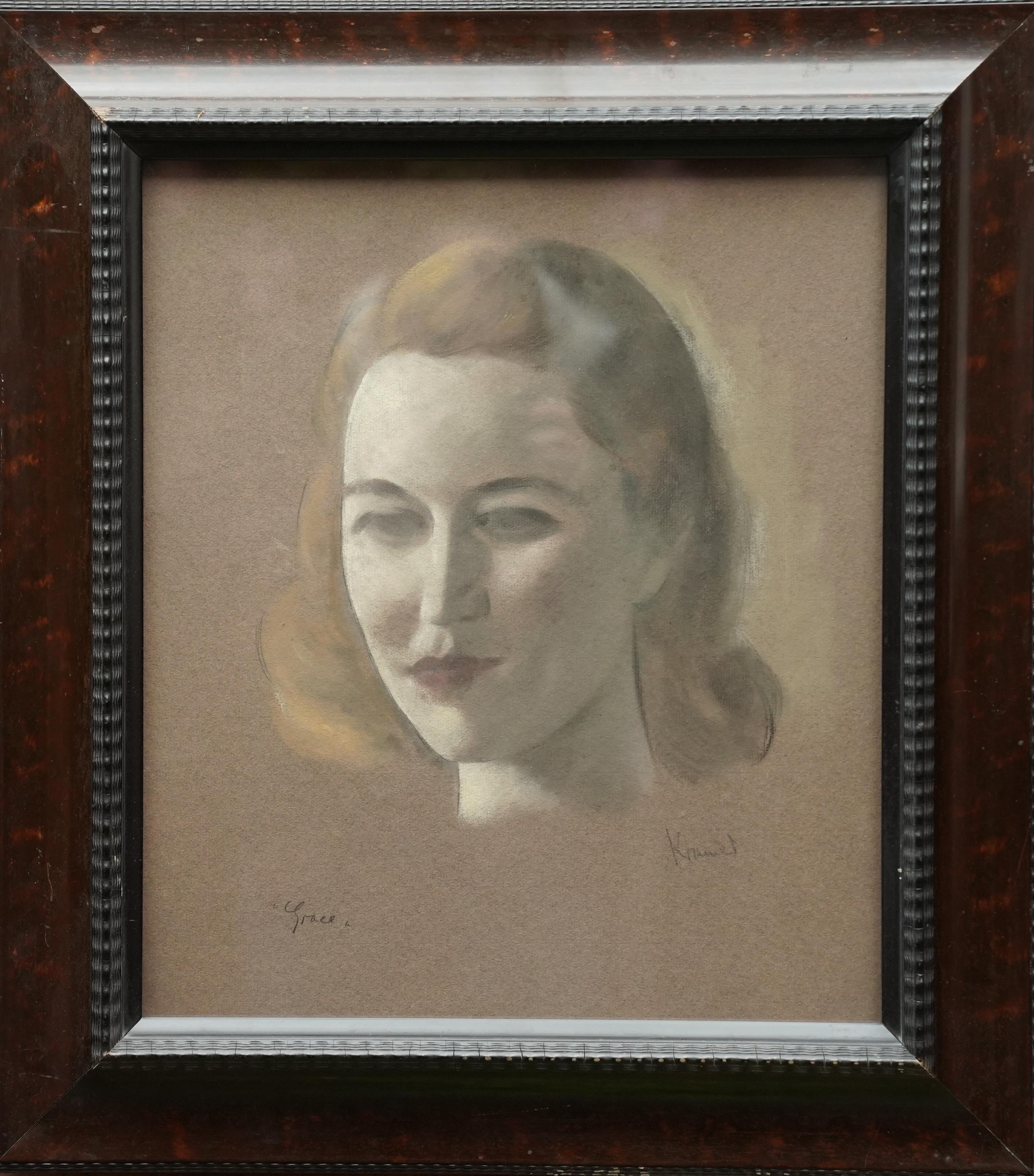 Portrait of Grace - British 1920's art female chalk portrait - Art by JACOB KRAMER