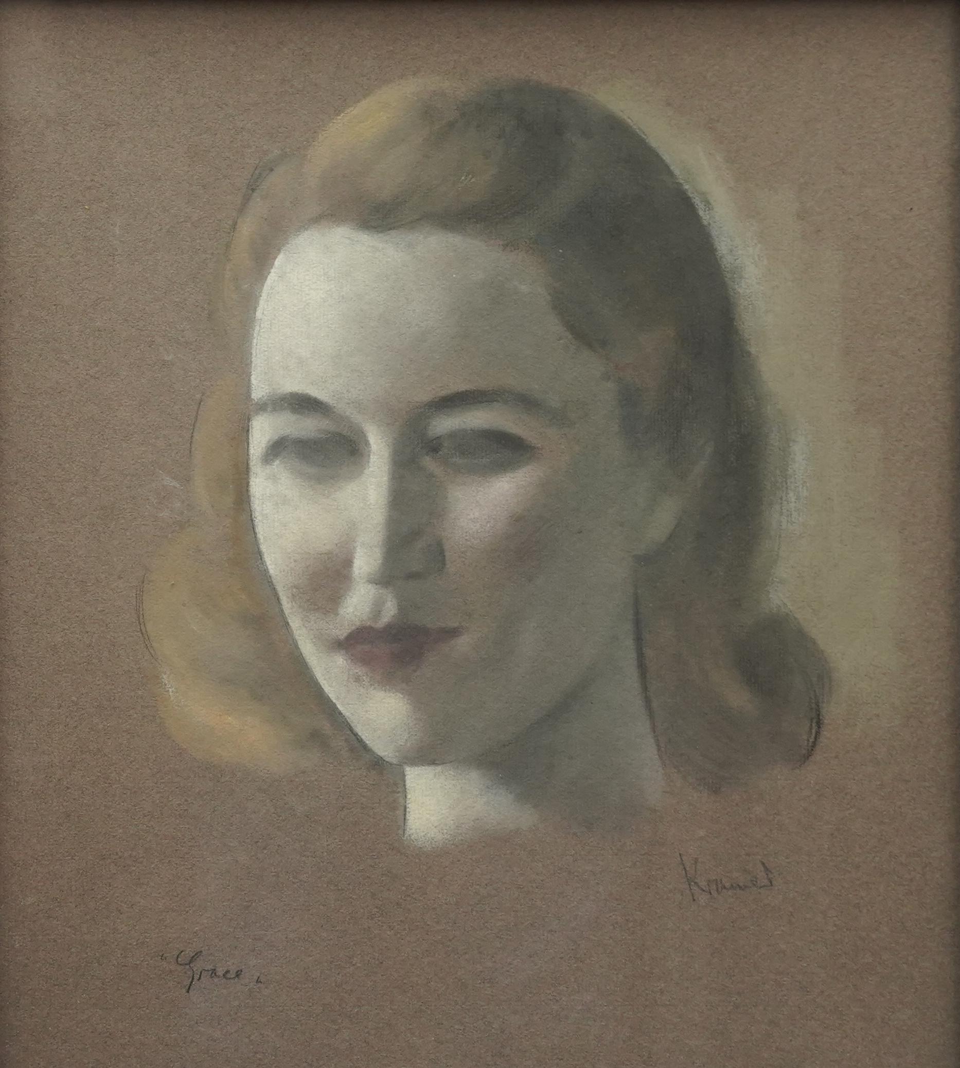 This enigmatic 1920's Art Deco portrait is by noted Russian born British artist Jacob Kramer. Worked in chalk/pastel on paper it is a portrait of 'Grace'. There is strong emphasis on her eyes and red lips with a halo of blonde hair. A really