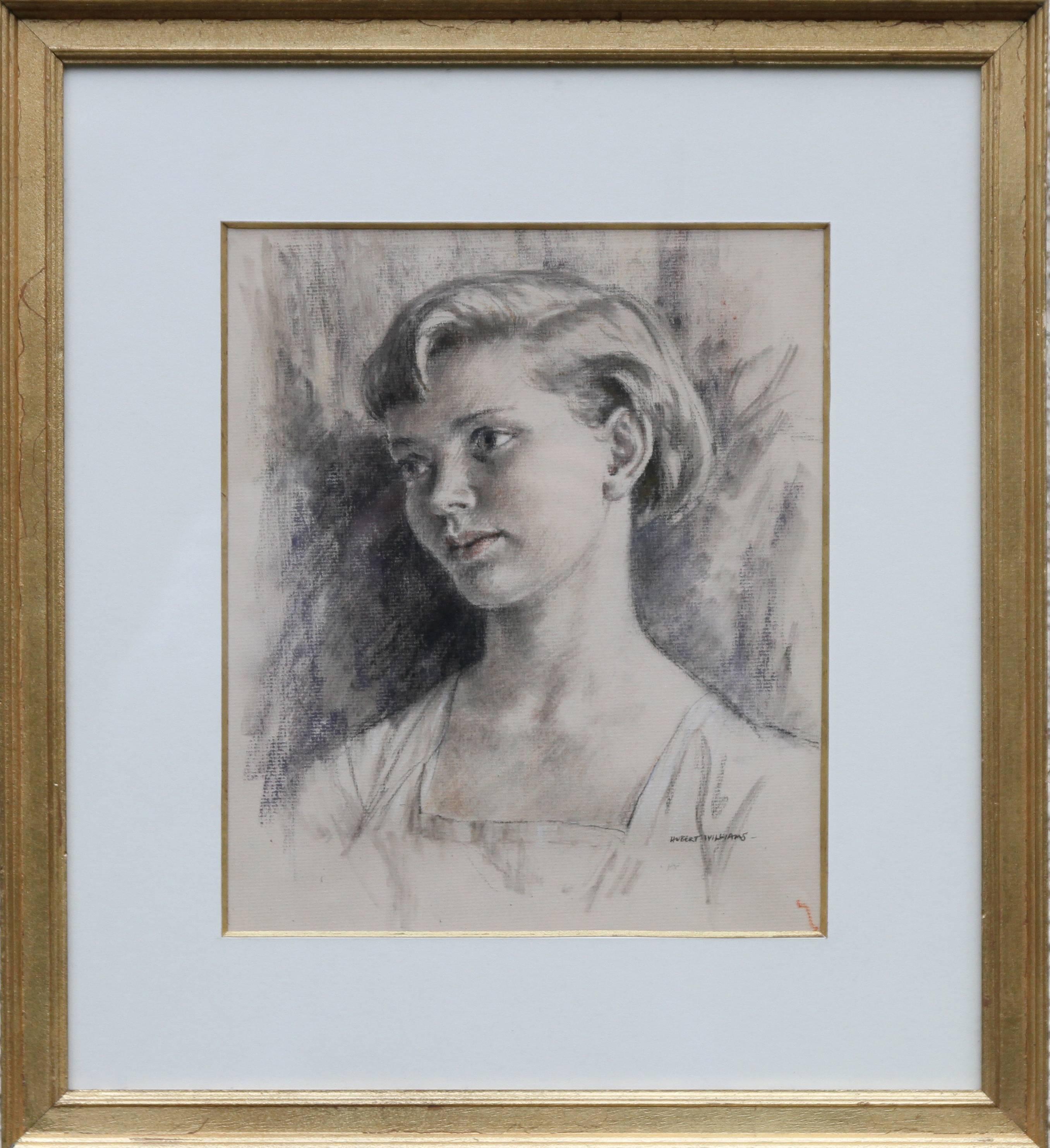 Un portrait fin et détaillé d'une jeune femme au crayon Art déco, noir, rouge et blanc à la craie par Hubert Williams. L'œuvre date d'environ 1930 et est très habile dans son exécution. Un beau portrait. Le tableau a une excellente provenance de Ex