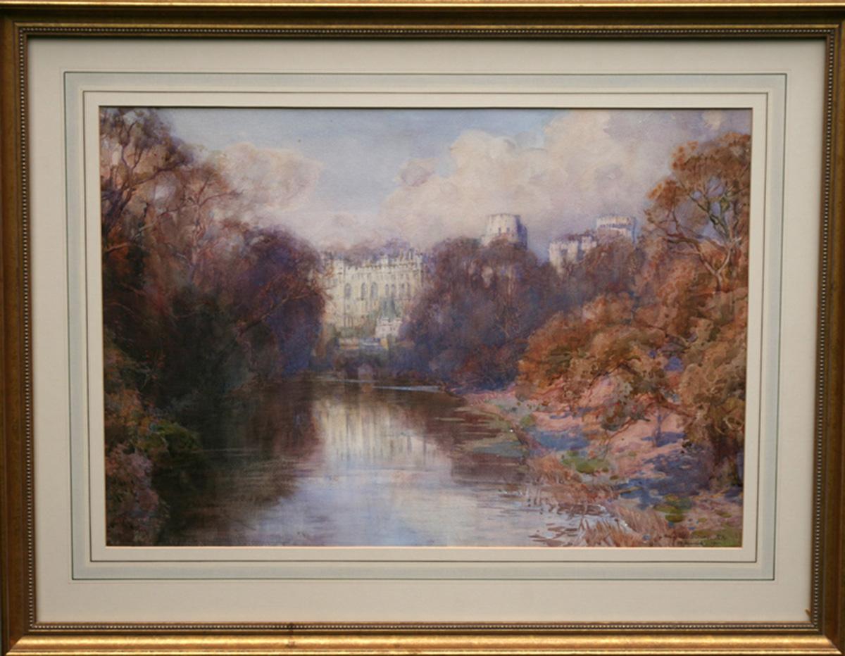 Henry Charles Brewer Landscape Art – Warwick Castle – britische Kunst des frühen 20. Jahrhunderts, Gemälde von Flusslandschaften, Herbst