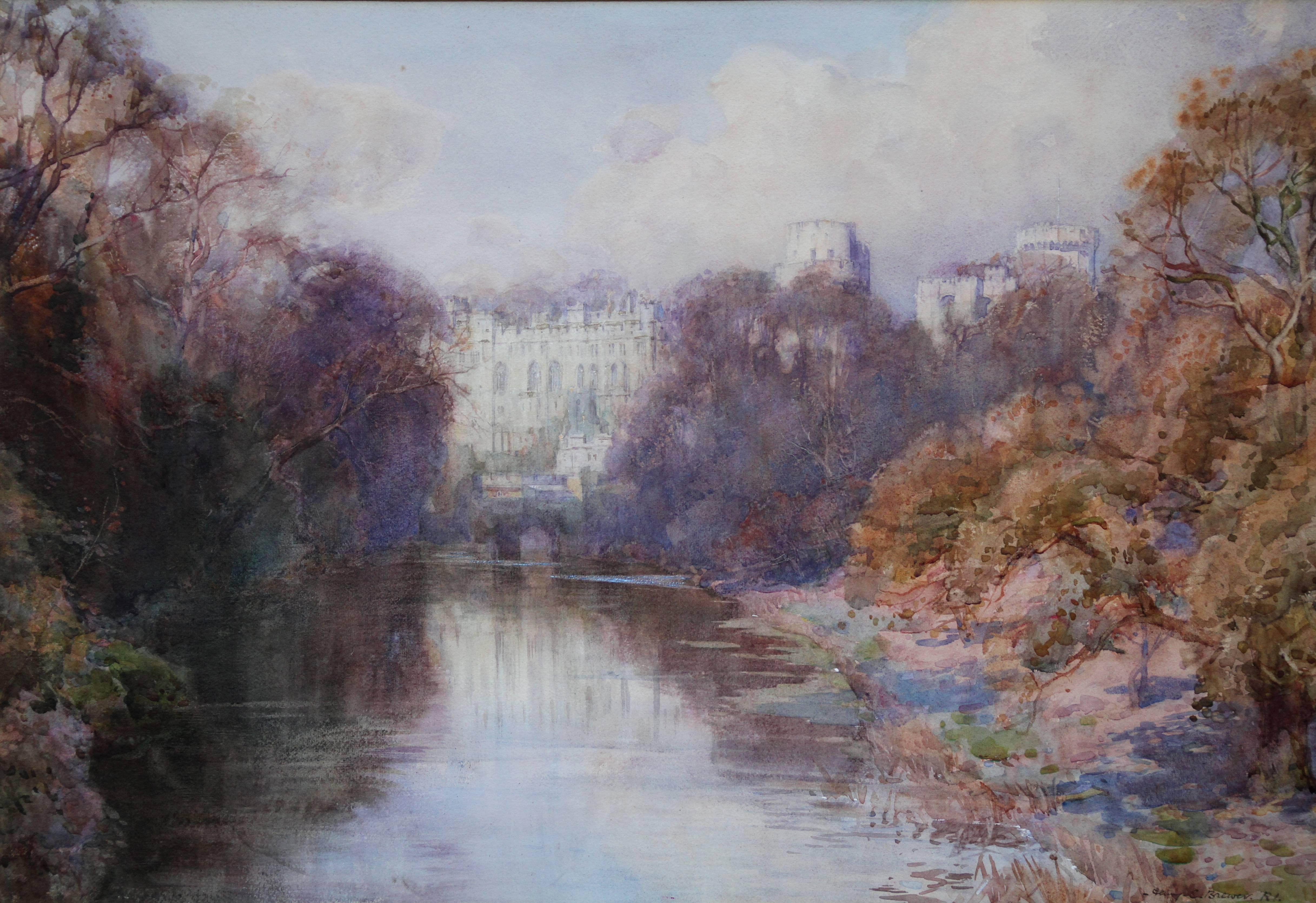 Warwick Castle – britische Kunst des frühen 20. Jahrhunderts, Gemälde von Flusslandschaften, Herbst – Art von Henry Charles Brewer