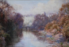 Warwick Castle - British art early 20th century painting river landscape autumn
