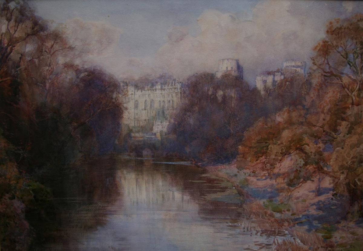 Warwick Castle – britische Kunst des frühen 20. Jahrhunderts, Gemälde von Flusslandschaften, Herbst (Impressionismus), Art, von Henry Charles Brewer