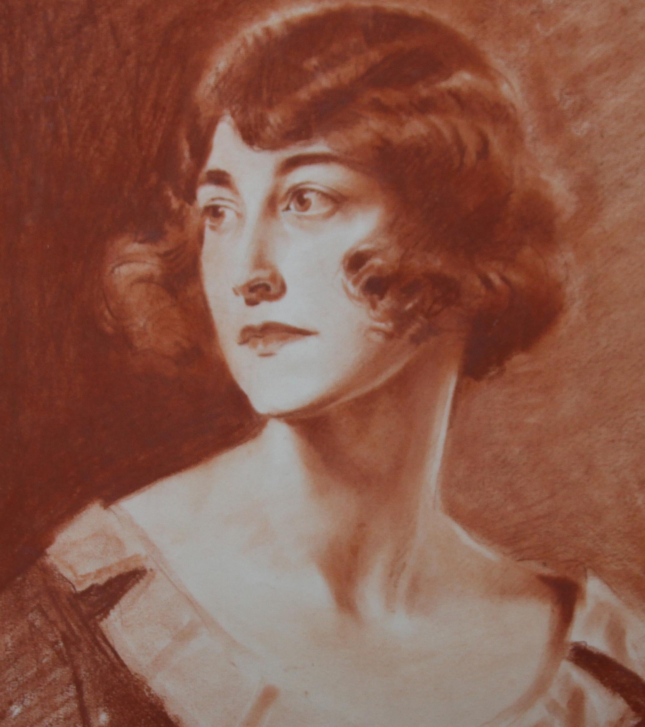 Portrait of a Lady - British Roaring Twenties Art Deco female portrait red chalk For Sale 2