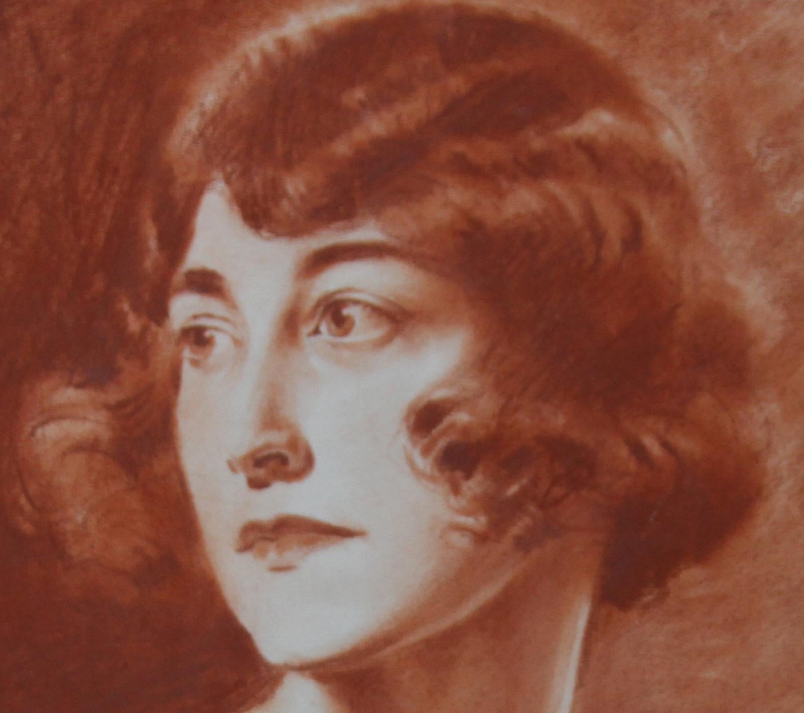 Portrait of a Lady - British Roaring Twenties Art Deco female portrait red chalk For Sale 3