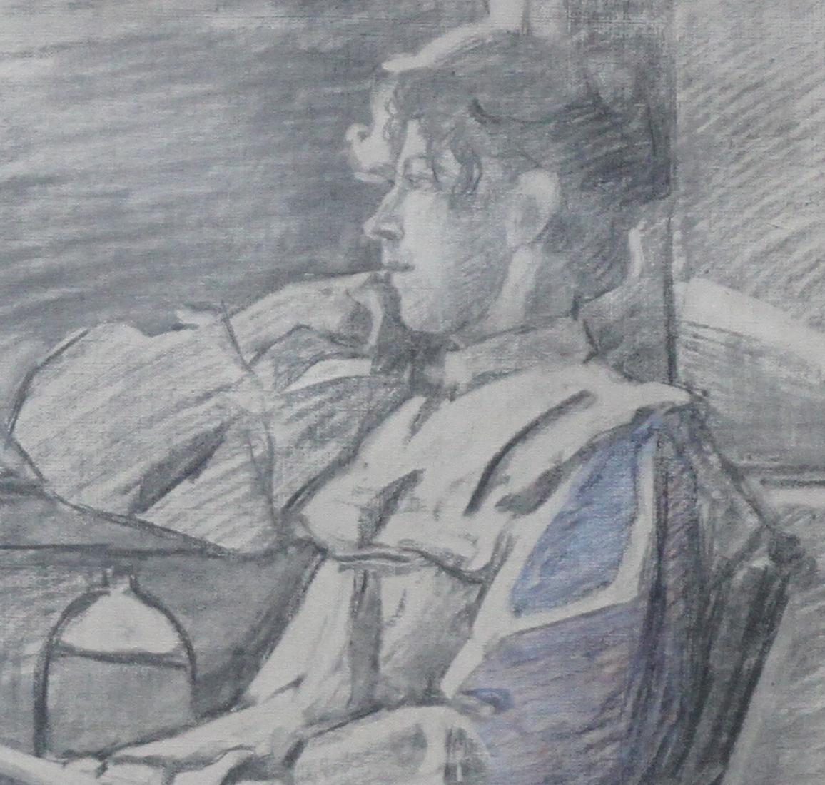 Diese schöne Bleistift- und Kohlezeichnung wird dem Kreis des bekannten französischen Künstlers Jacques Joseph Tissot zugeschrieben. Die um 1880 entstandene Zeichnung zeigt eine Frau, die sich in einem Liegestuhl im Freien ausruht, in Kontemplation
