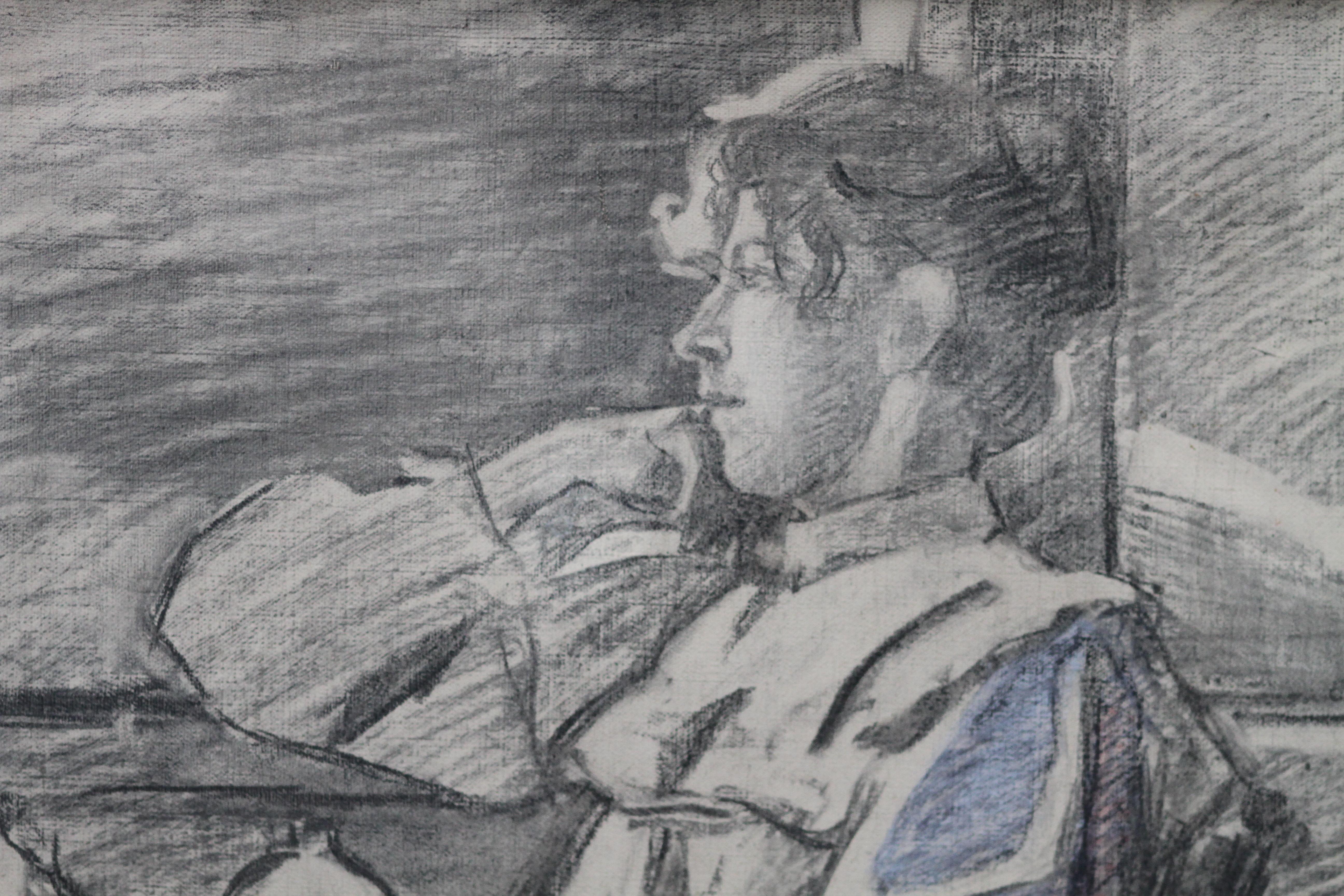 This lovely pencil and charcoal drawing is attributed to circle of French noted artist Jacques Joseph Tissot. Created around 1880 the drawing is of a woman relaxing on a reclining chair outdoors, lost in contemplation or admiring the view. There is