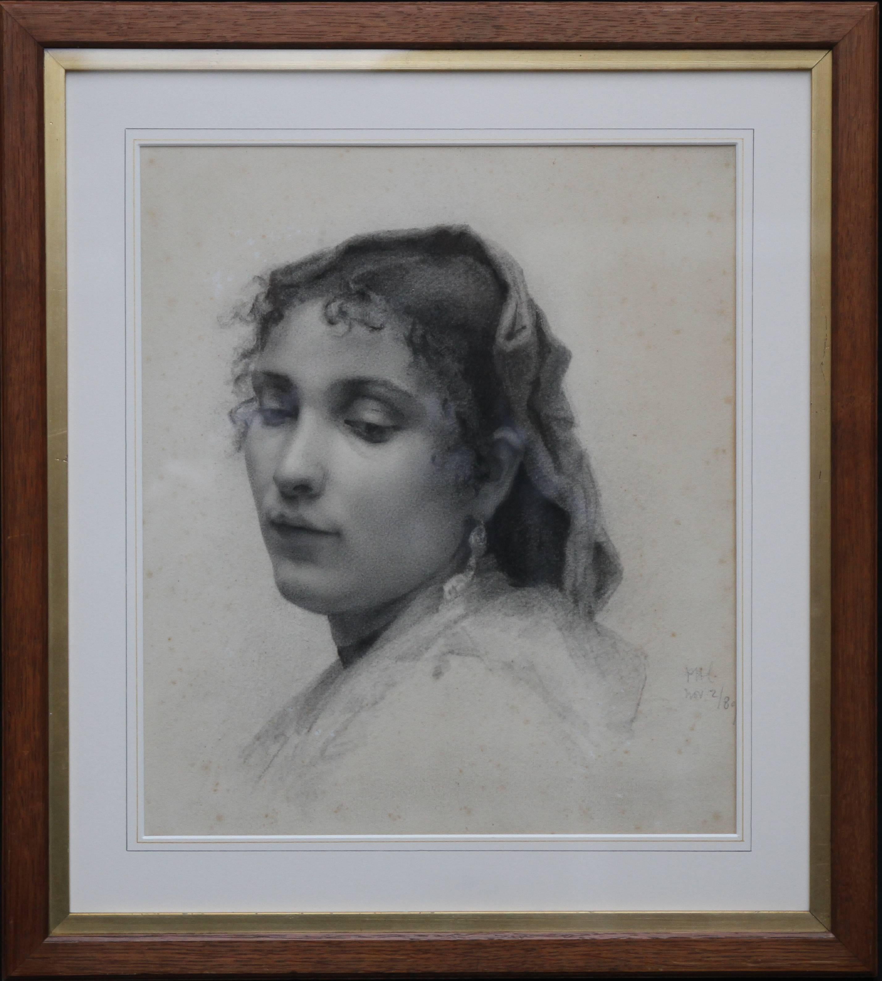 Unknown Portrait – Porträt einer Dame - Französisches Kunstrealismus des 19. Jahrhunderts, Zeichnung einer Frau mit bedecktem Kopf