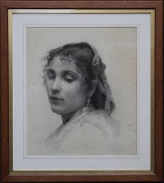 Antique Portrait of a Lady - French 19th century art Realist drawing woman covered head