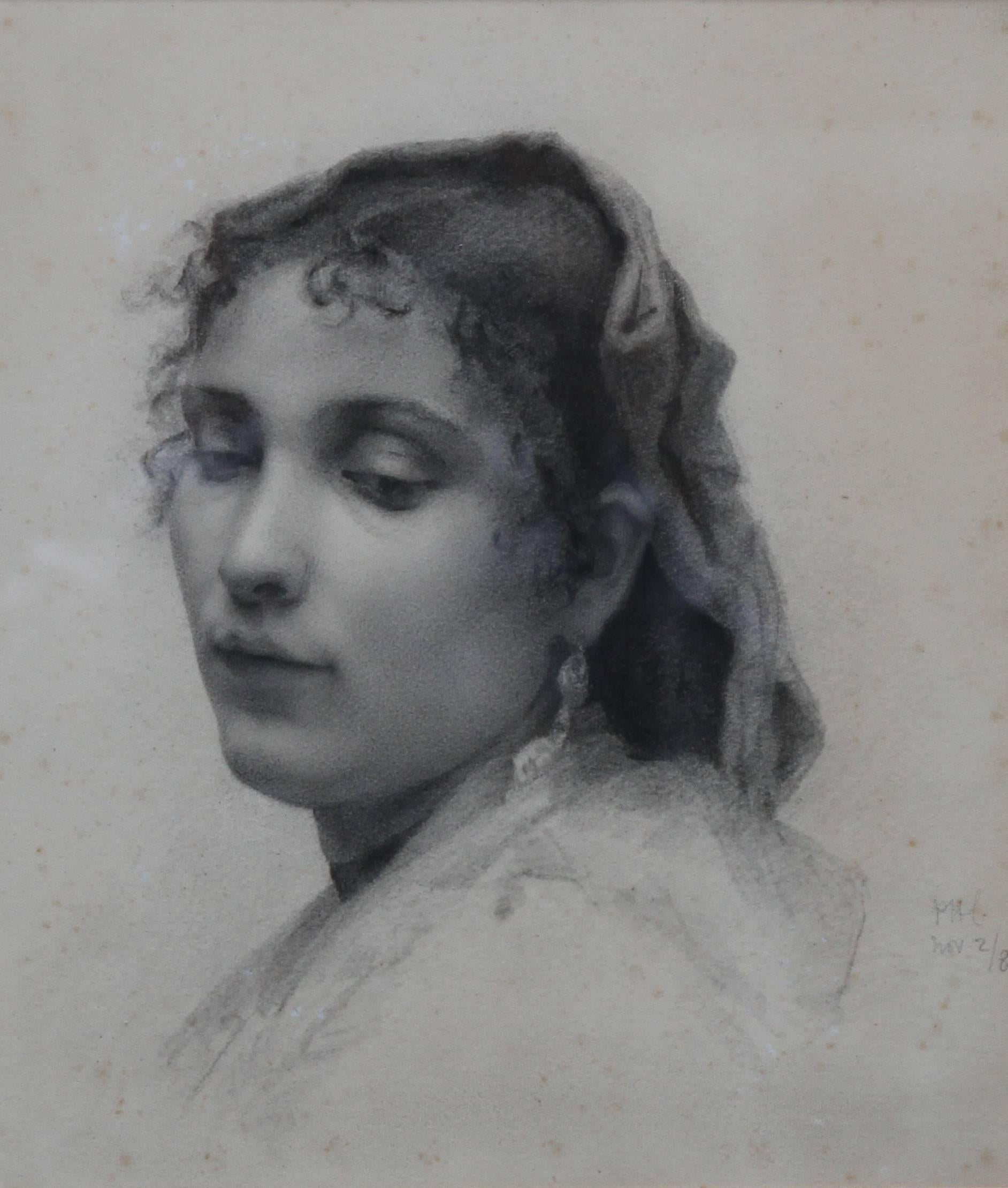 Porträt einer Dame - Französisches Kunstrealismus des 19. Jahrhunderts, Zeichnung einer Frau mit bedecktem Kopf – Art von Unknown