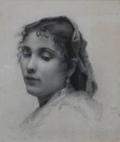 Ritratto di signora - Arte francese del XIX secolo Disegno realista donna testa coperta