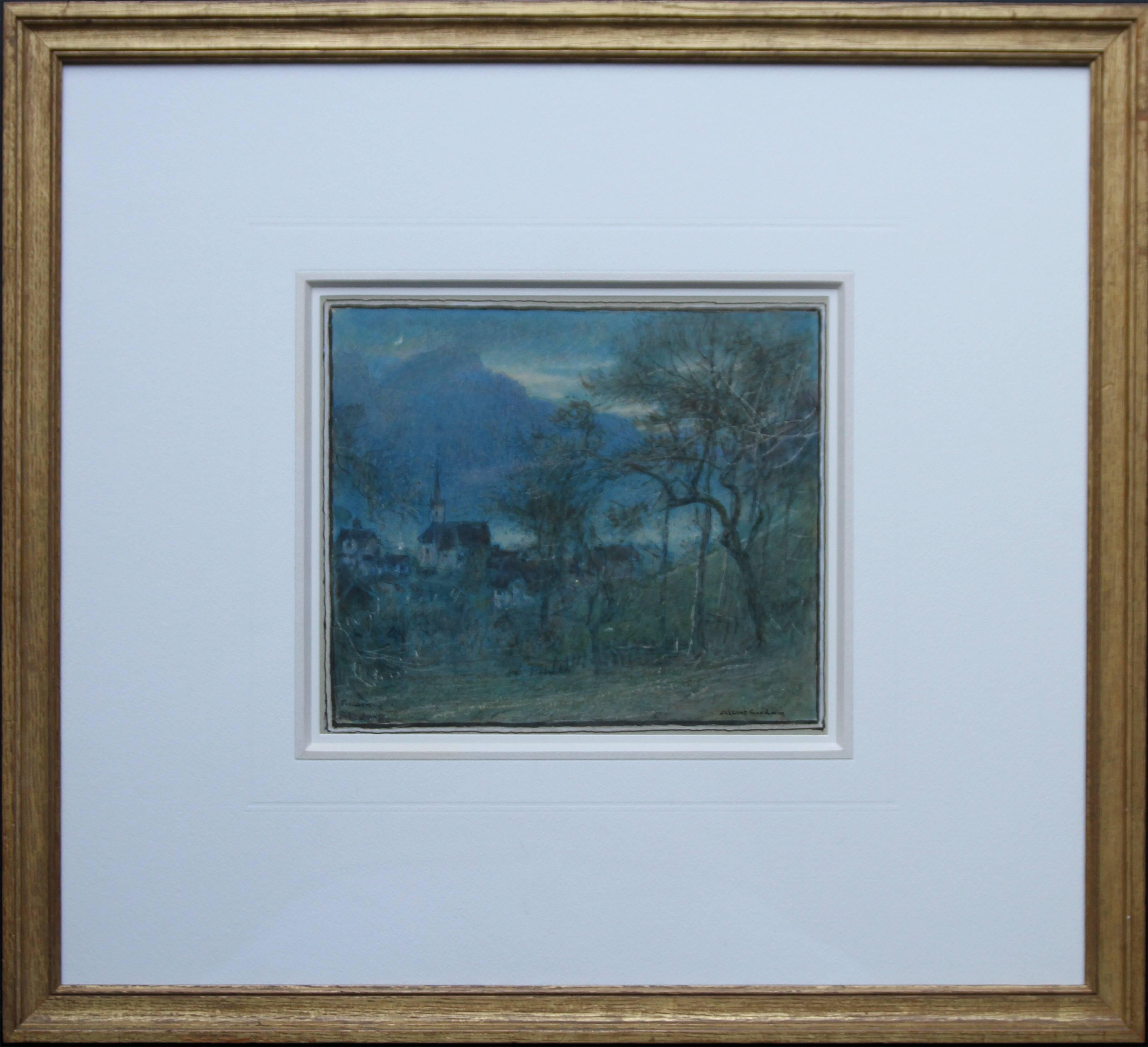 Landscape Art Albert Goodwin - Paysage suisse de nocturne - Aquarelle de l'artiste britannique des années 20  paysage Suisse