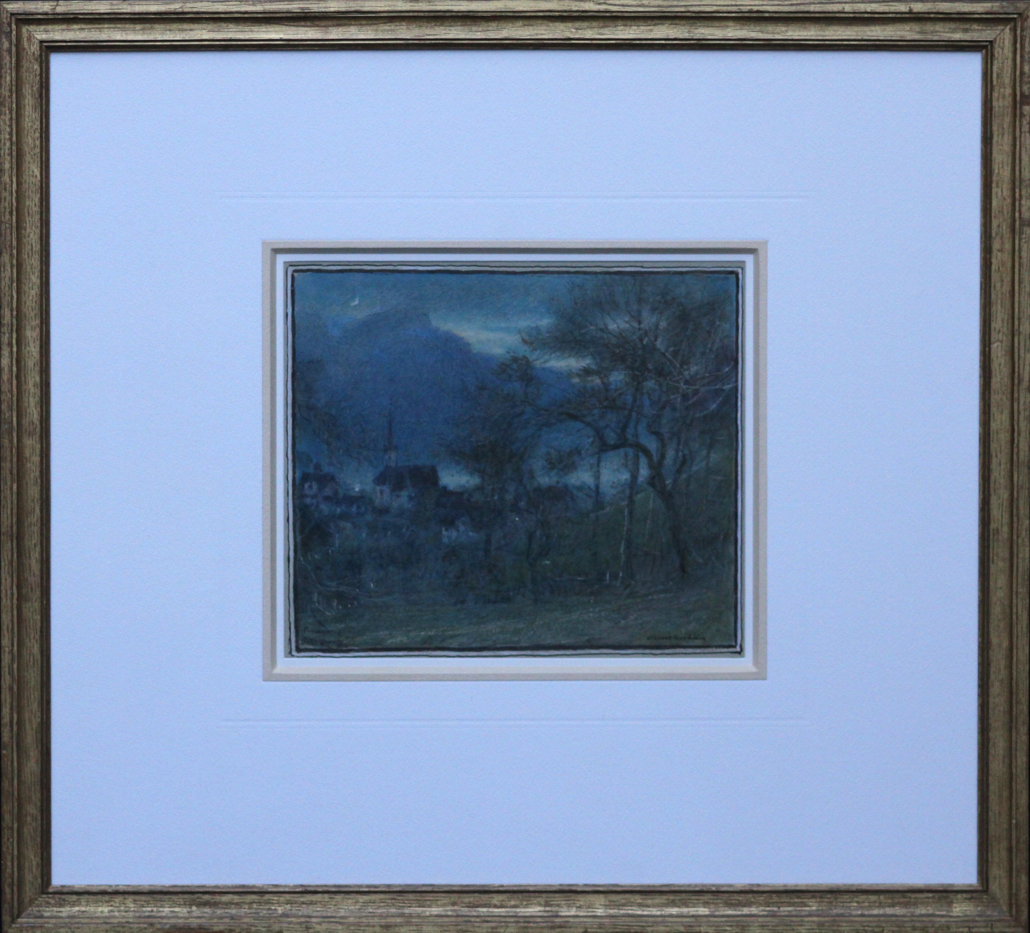 Paysage suisse de nocturne - Aquarelle de l'artiste britannique des années 20  paysage Suisse en vente 4