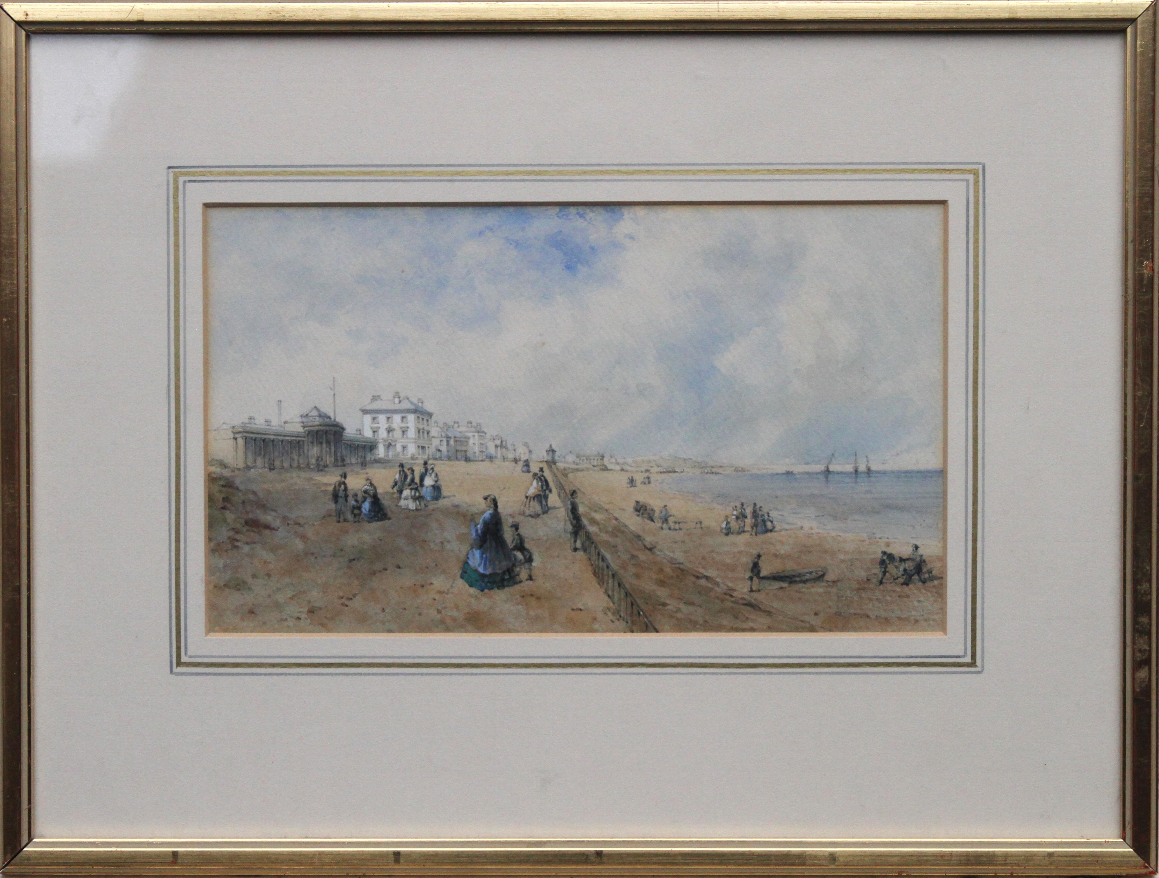 Promenade at Southport - Aquarelle d'art britannique du 19e siècle représentant un paysage côtier
