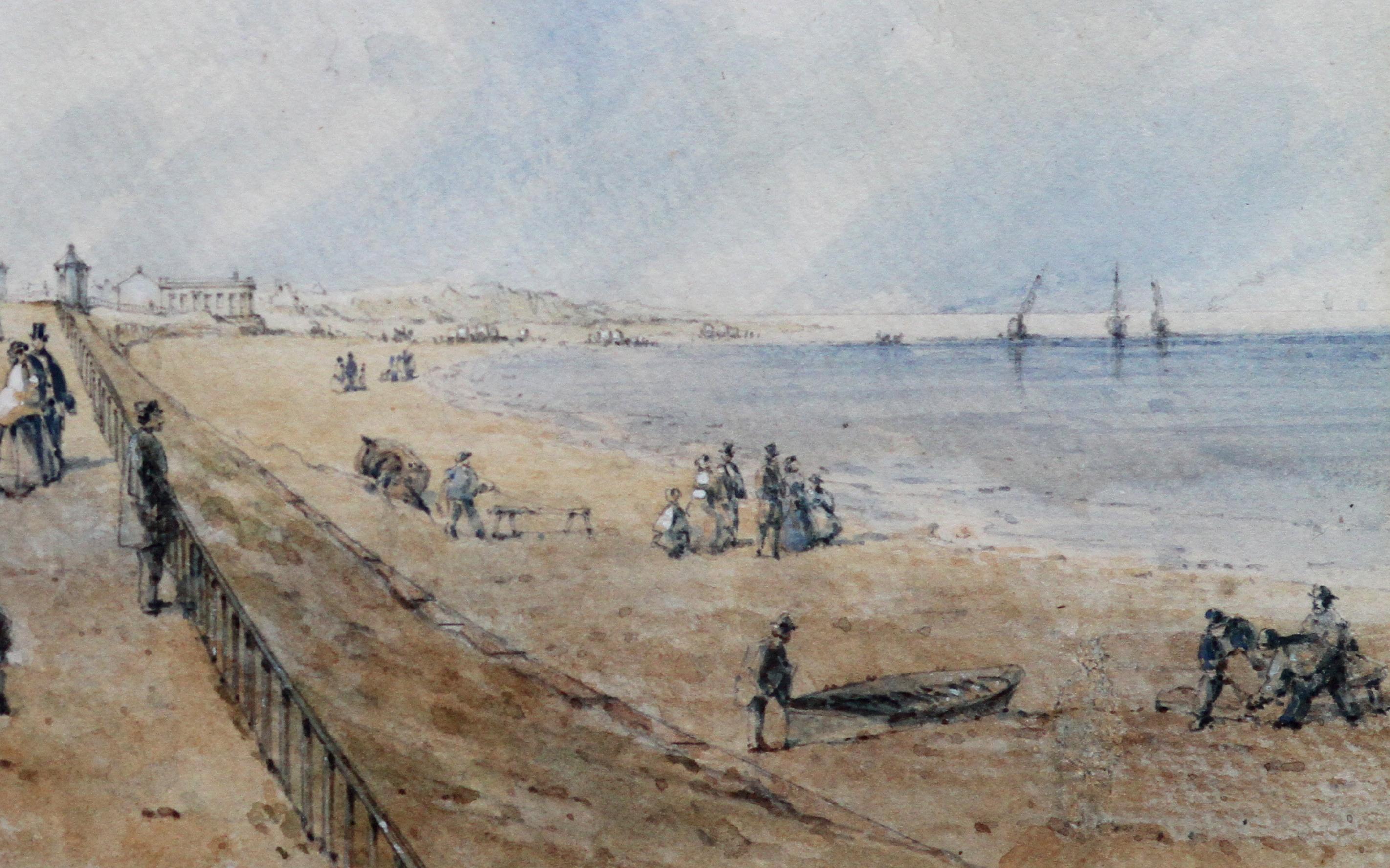 This charming 19th century watercolour painting is of the promenade at Southport. Painted circa 1842 the view is of the original Victoria baths on the left, built 1839, then Victoria Hotel, opened 1842, then Waterloo Terrace (still standing), then