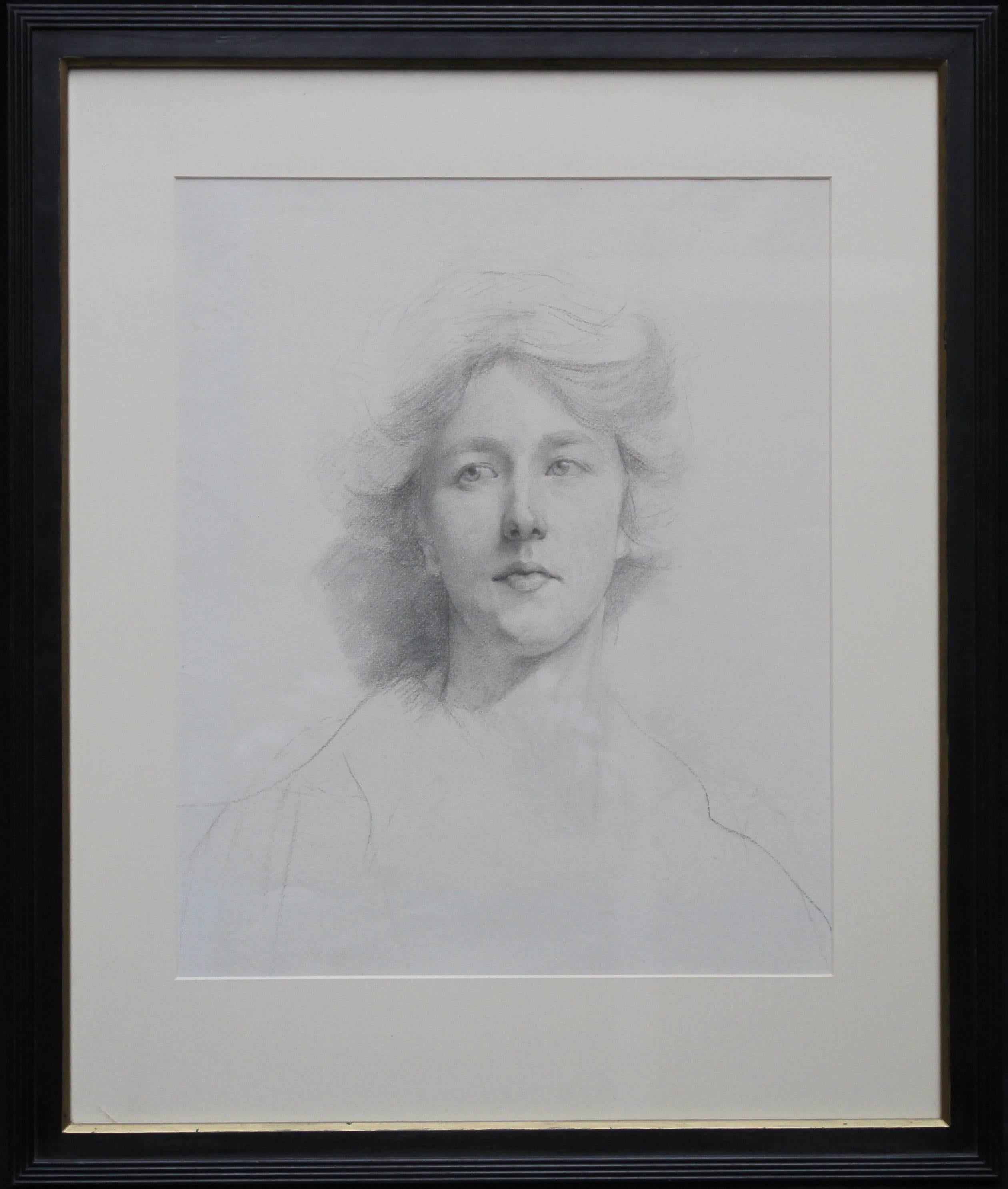 Estella Canziani Portrait – Selbstporträt – britische italienische Kunst, edwardianische Bleistiftzeichnung, Künstlerin